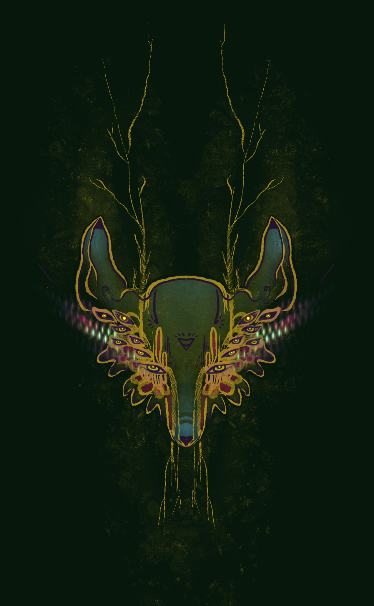 Digital artwork of a stylized deer skull with antlers blending into trees, decorated with intricate patterns, neon colors, and symmetrical design on a dark background.