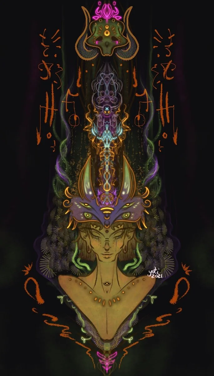 A digital artwork featuring a mystical, humanoid figure with elongated ears and closed eyes. The figure's head is adorned with vibrant, glowing, horn-like structures and intricate, swirling patterns in purple, orange, and green. There are symmetrical