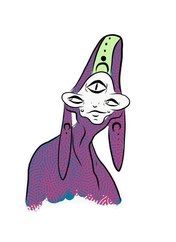 A surreal, abstract illustration of a creature with one large eye in the center of its face and two smaller eyes on either side. The creature has elongated ears, a purple and blue patterned body, and a green crest on top of its head. The background i
