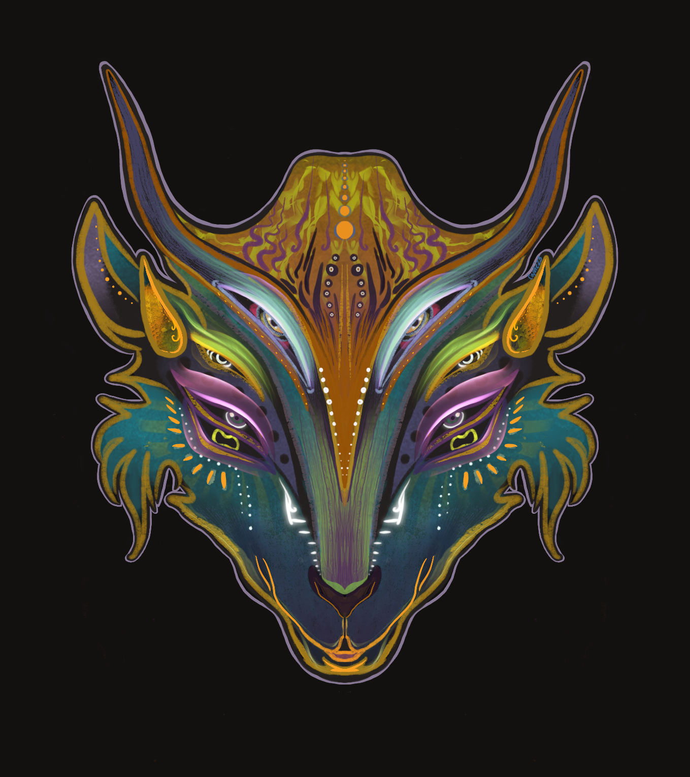 Colorful, neon-style illustration of a wolf's face with intricate, symmetrical patterns on a black background.