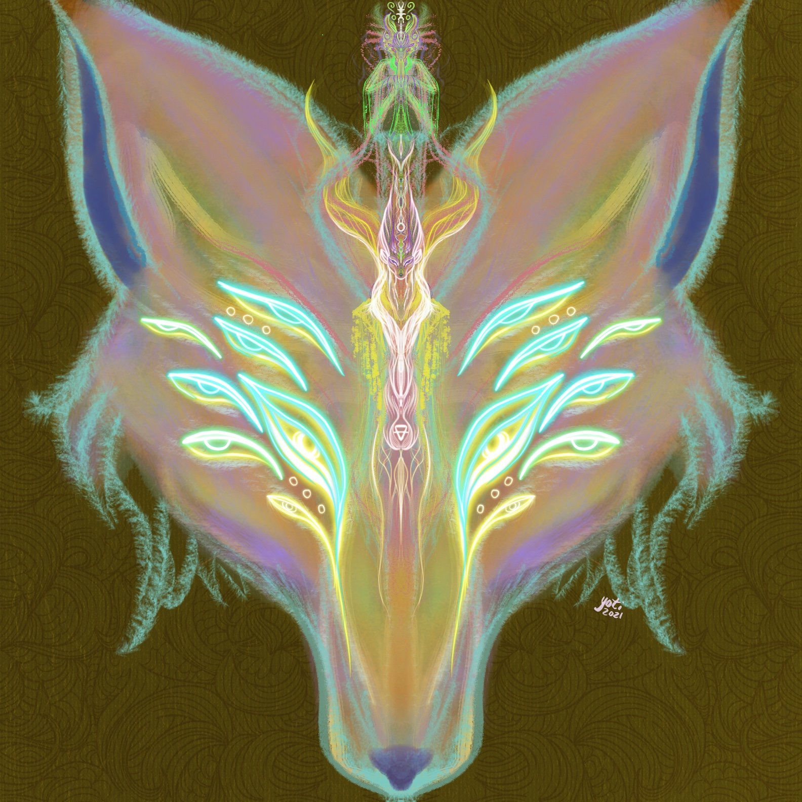 A digital artwork of a stylized wolf's head with neon-like glowing patterns and symmetrical design, featuring vibrant colors including pink, blue, green, and yellow against a dark background.