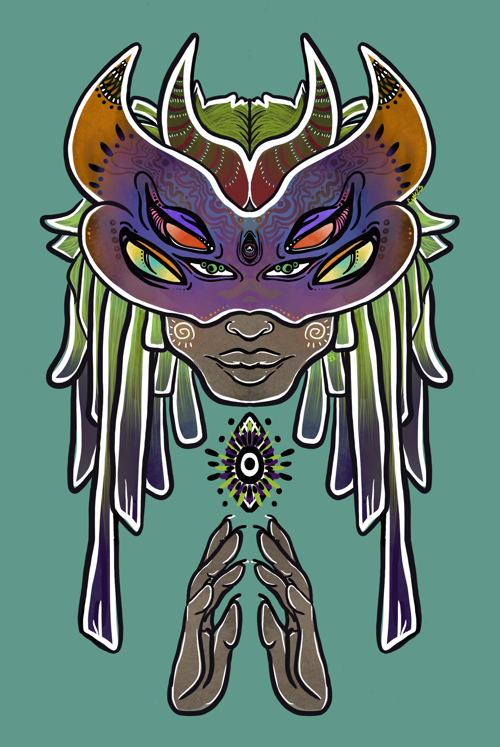 Digital illustration of a mystical figure with a human face, adorned with intricate tribal and fantasy-themed elements including an ornate mask with multiple eyes and horns, long flowing hair, and hands clasped in prayer, against a teal background.