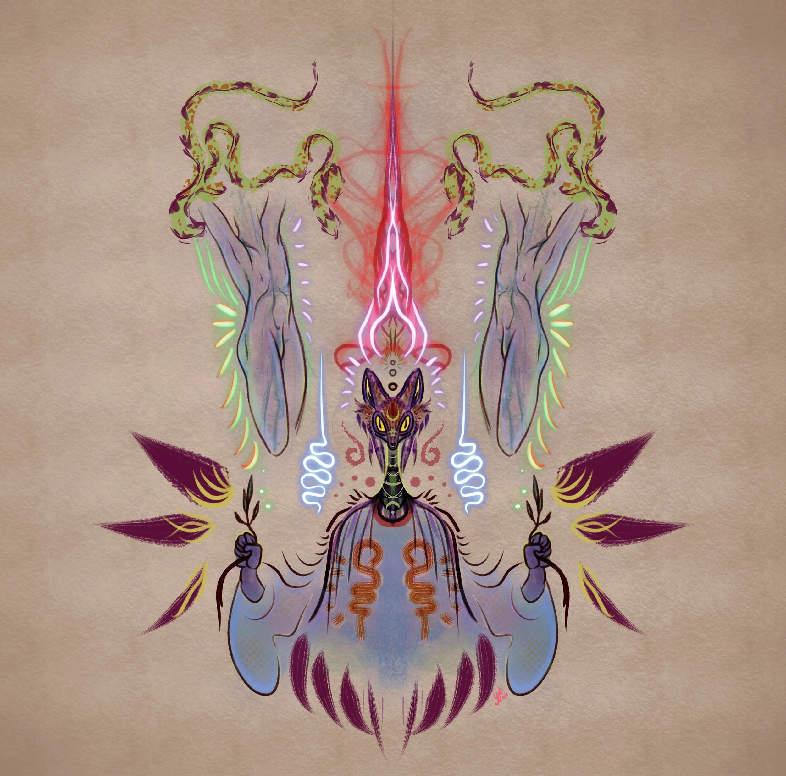 Symmetrical fantasy artwork featuring a central humanoid figure with a wolf-like face, yellow eyes, and intricate body markings. The figure holds feathers or leaves in both hands, with flowing garments and decorative lines. Bright, colorful lightning