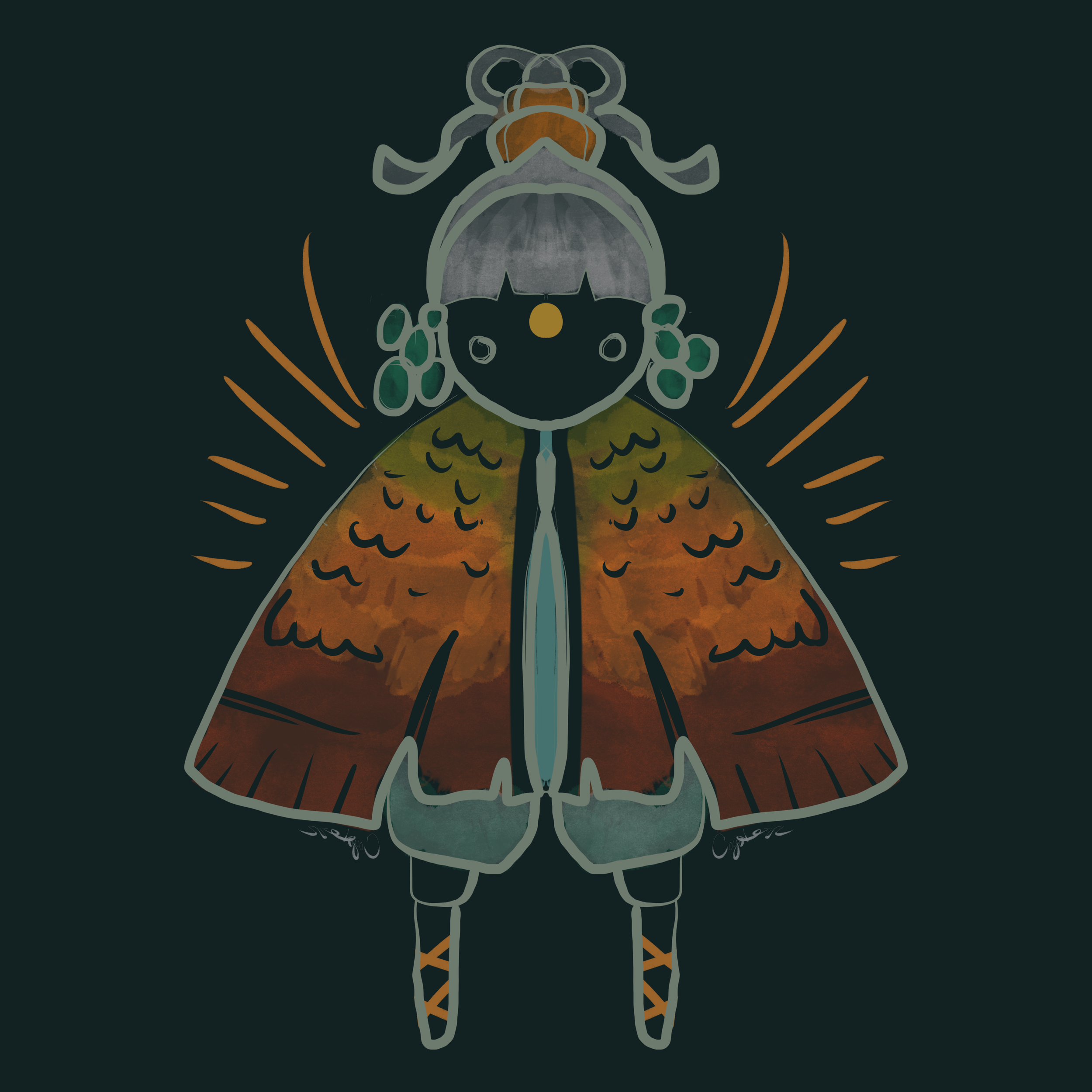 Illustration of a mystical butterfly with a human-like face, wings with warm colors, and decorative elements on the head, set against a dark background.