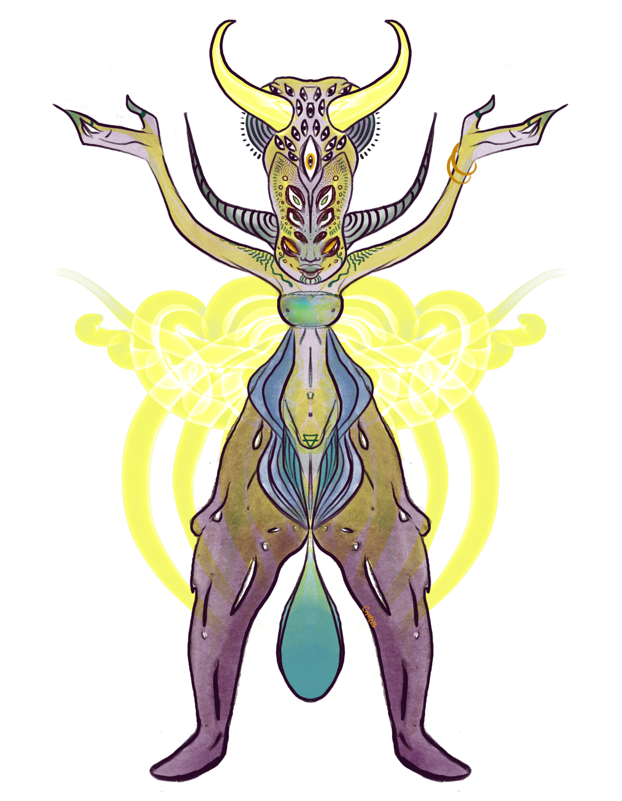A symmetrical digital illustration of a mythical creature blending human, animal, and abstract elements, with intricate patterns, bright yellow accents, and a luminous aura.