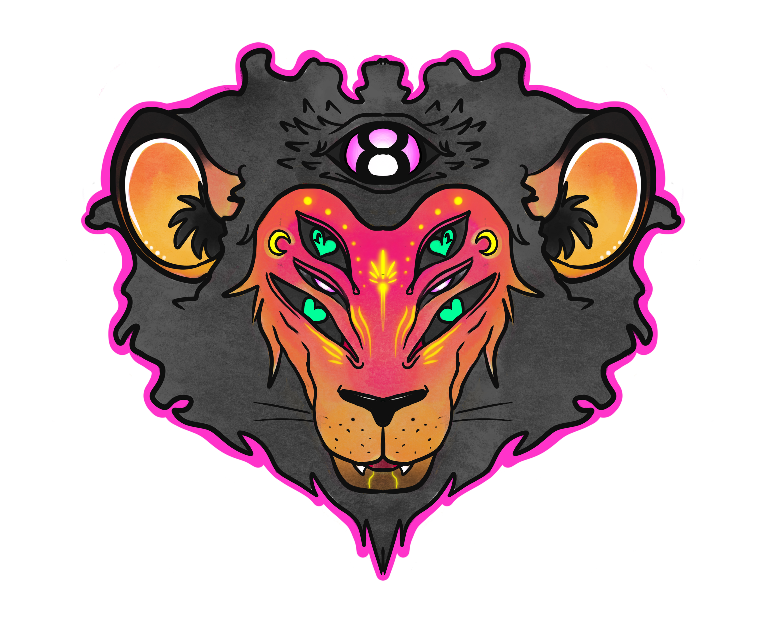 Illustration of a lion's face with fierce expression, featuring vibrant colors and multiple green heart-shaped eyes, a third eye on the forehead, and neon-like pink outlines.