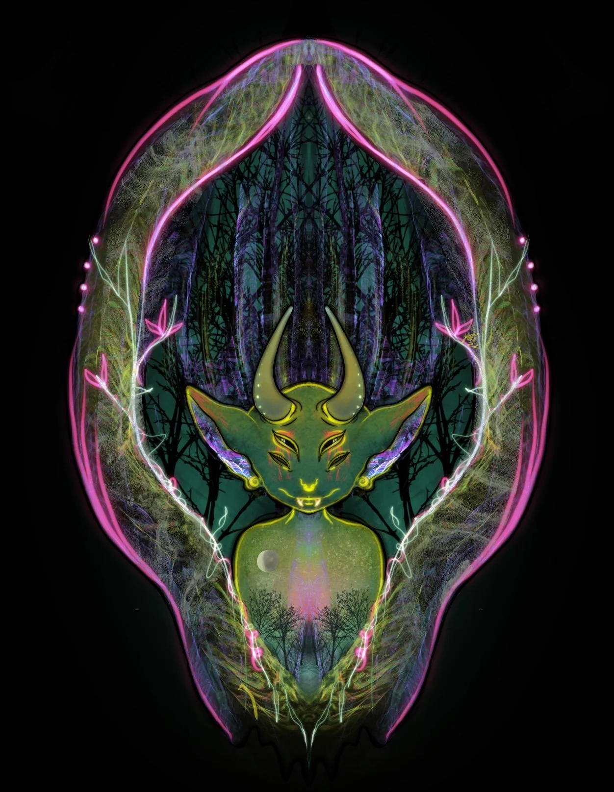 A fantasy-style digital artwork featuring a mystical creature with large horns, pointed ears, and a serene expression. The creature's face is green with closed eyes, and it's set against a dark forest backdrop with trees and a moon. The scene is surr