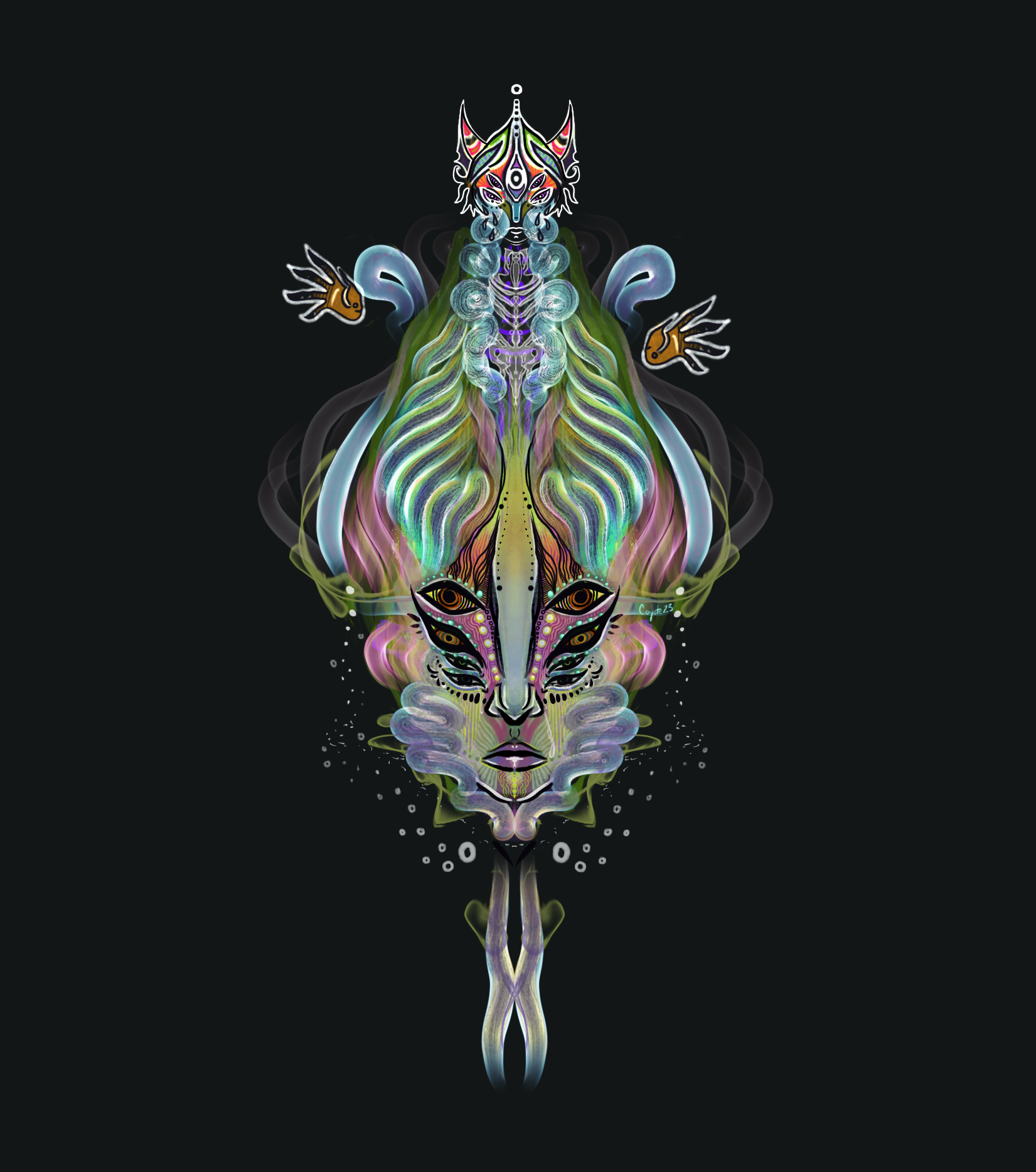 A colorful, symmetrical fantasy artwork of a face merging with abstract animal and mythical creature elements on a black background.