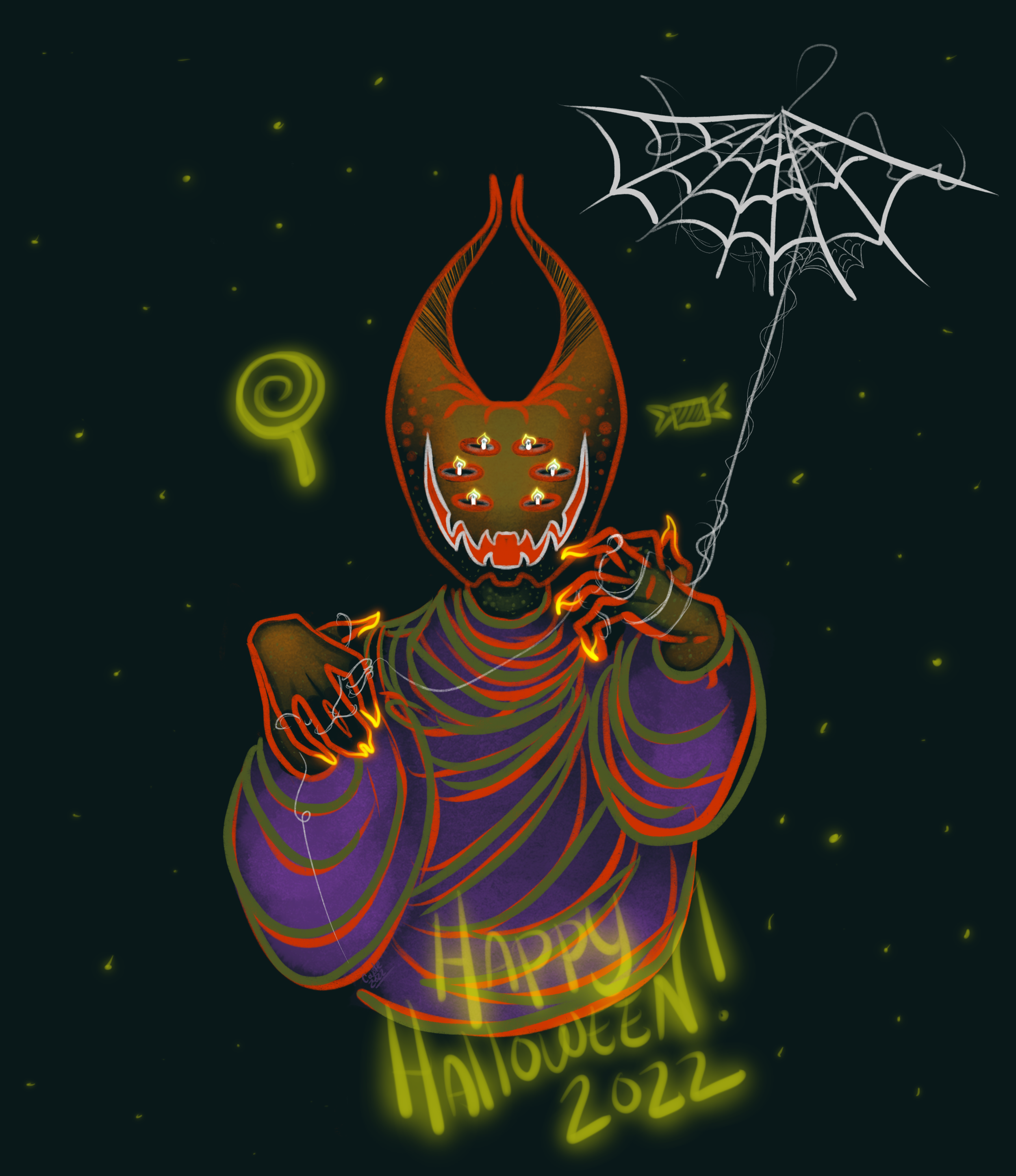 Neon Halloween illustration featuring a figure with a jack-o'-lantern head, multiple candles inside the head, holding a cigarette, with a spooky grin. The figure is wearing purple robes and has glowing yellow text below reading 'Happy Halloween 2022'
