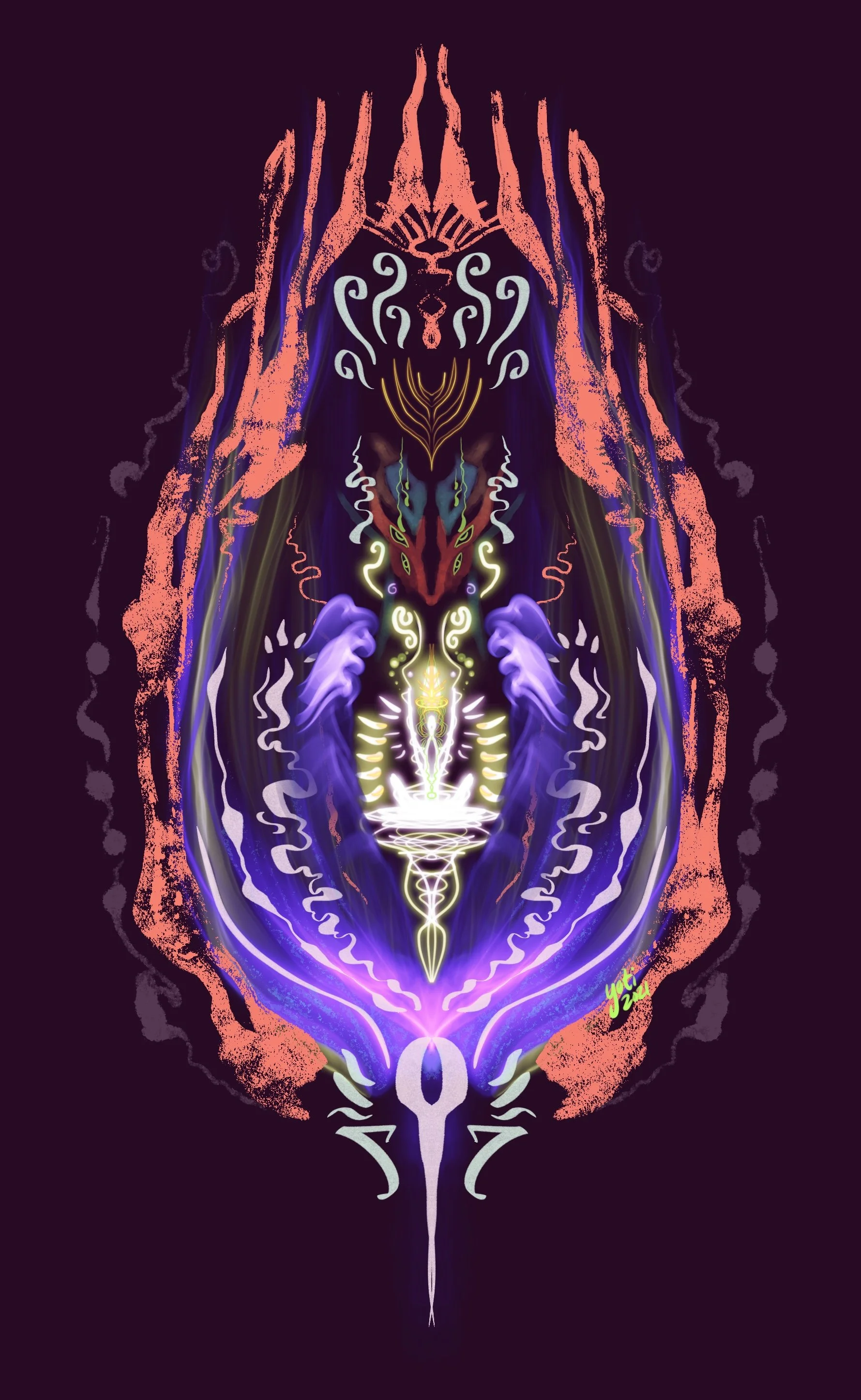 Abstract digital artwork featuring a colorful, symmetrical dragon with neon-like glowing details, surrounded by dark background and intricate lines.