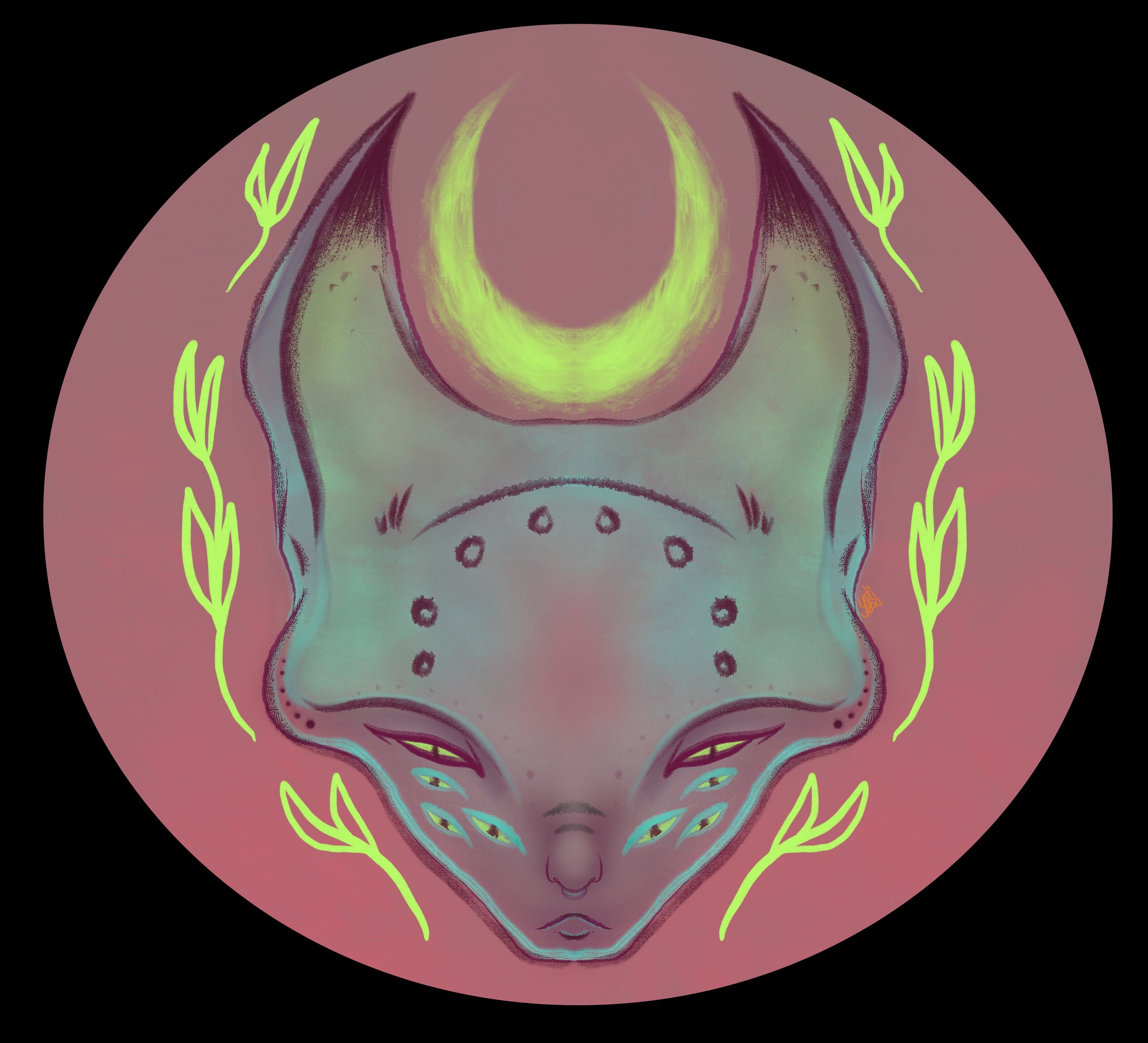 A stylized illustration of a humanoid fox face with turquoise fur, closed eyes, and a calm expression, with yellow accents, surrounded by glowing yellow crescent moon at the top and green leaves on the sides, set against a pinkish circular background