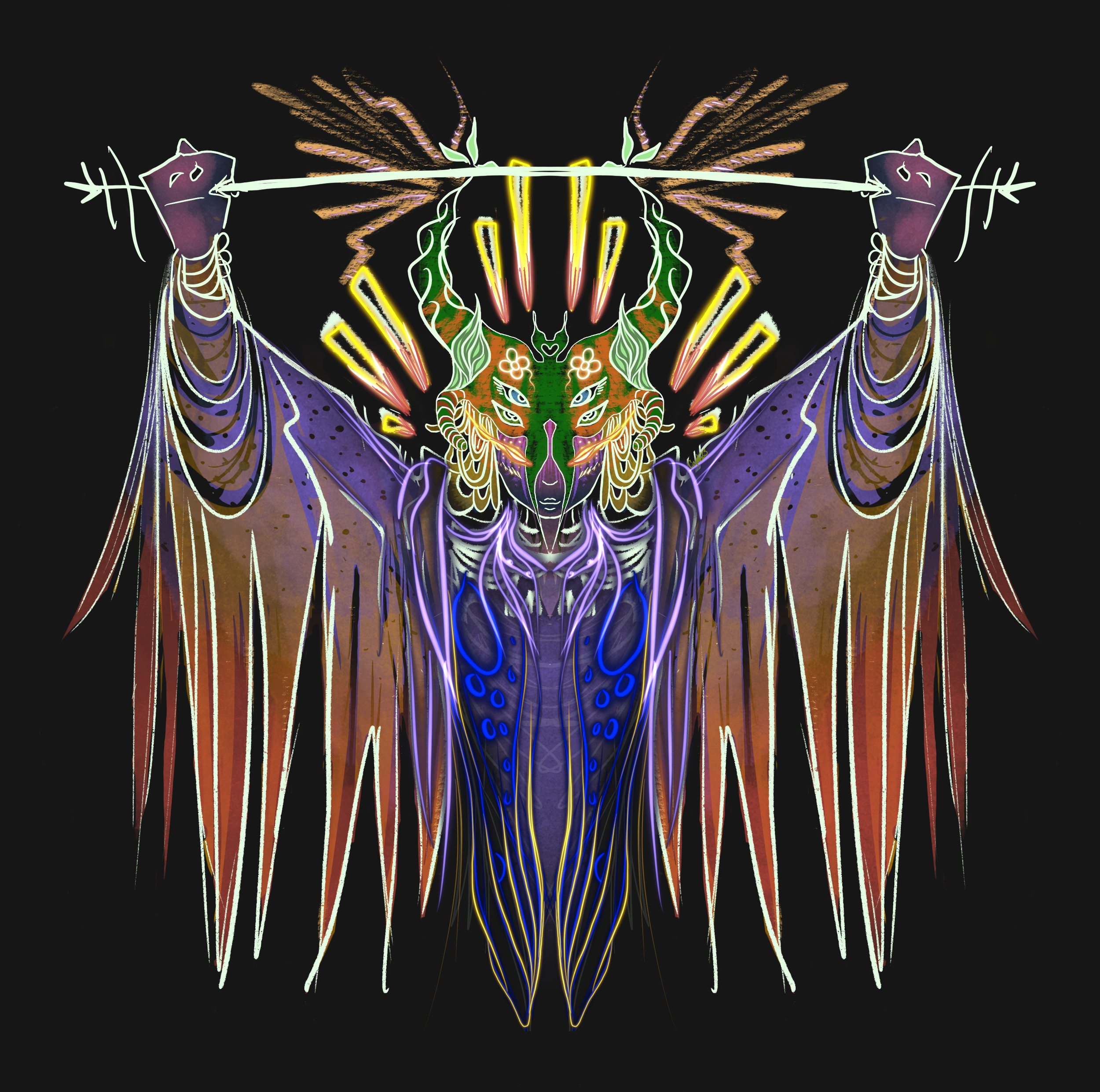 A colorful, symmetrical neon art design resembling a fantastical insect or creature with wings, intricate lines, and glowing details on a black background.