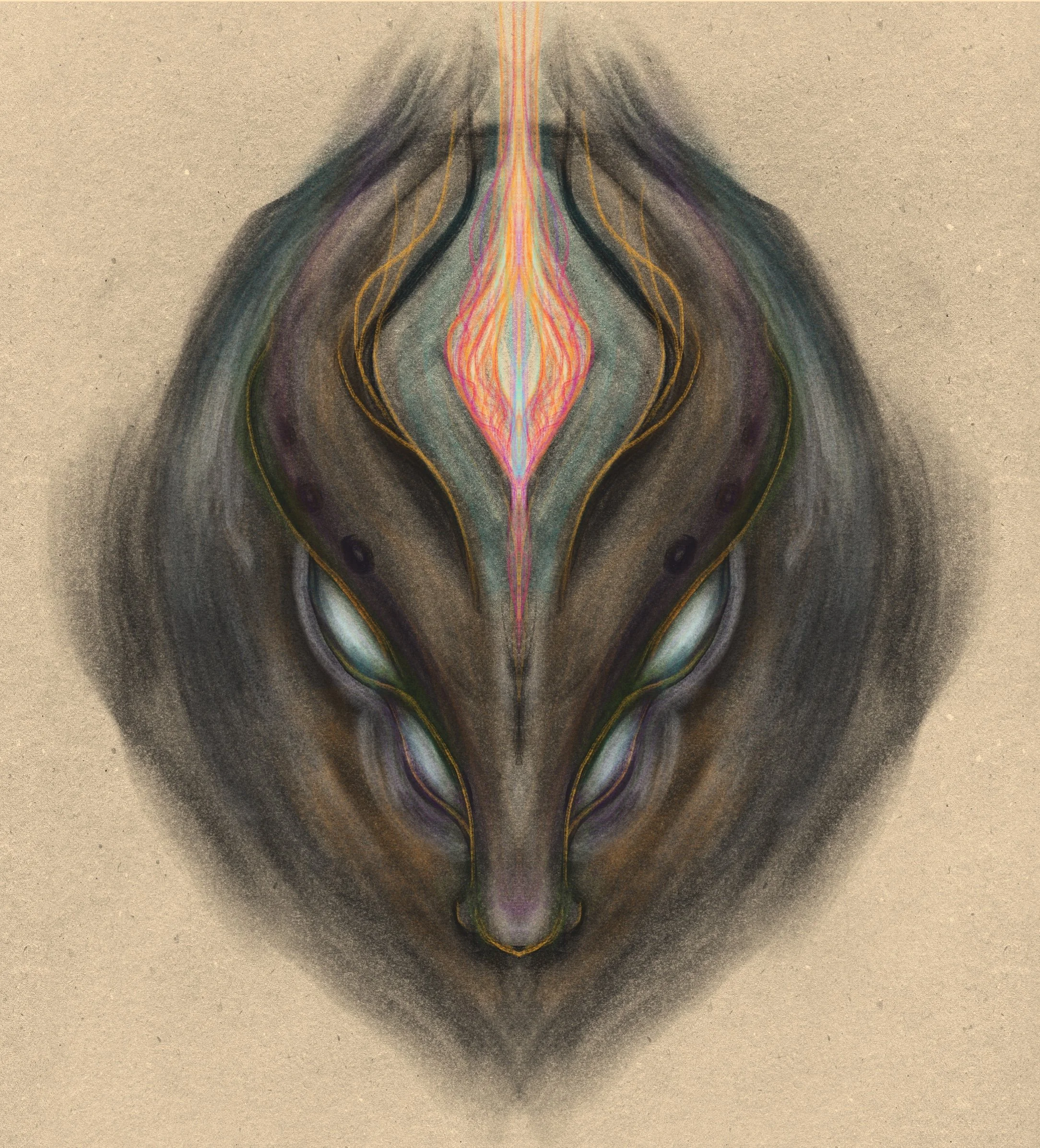 Symmetrical abstract digital artwork resembling a wolf's face with vibrant, flowing lines and a textured beige background.