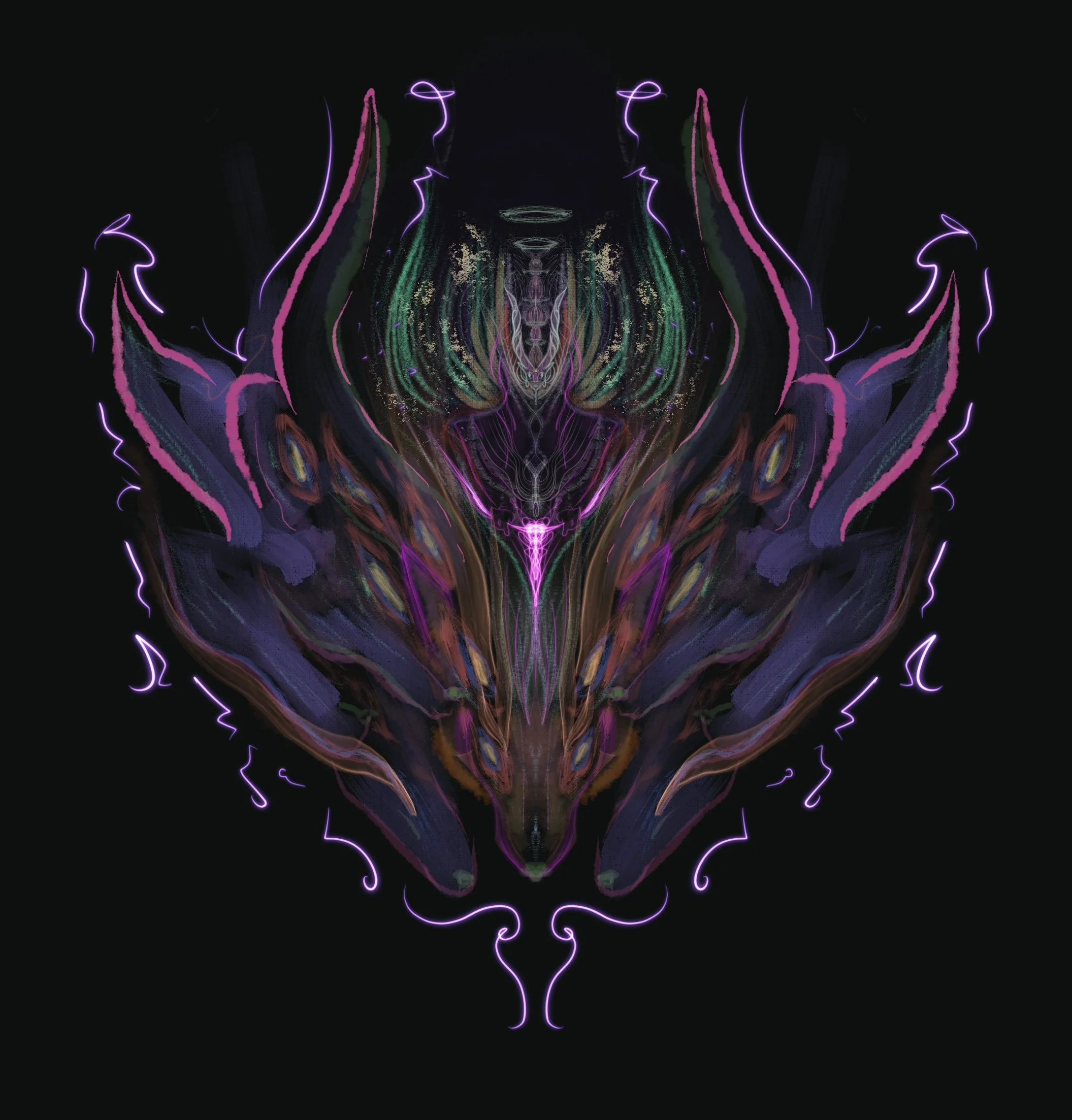 Digital abstract art with neon colors resembling a symmetrical, mythical creature or demon face against a black background.