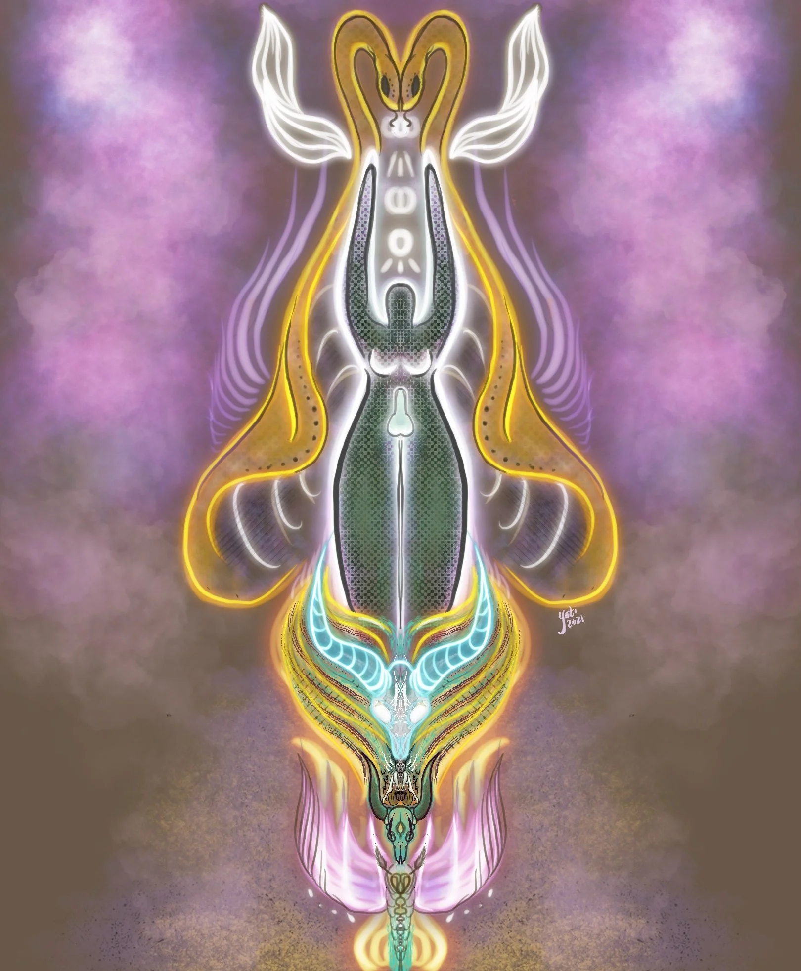 An abstract, colorful, symmetrical digital art of a butterfly or moth with vibrant neon-like lines and glowing effects, set against a purple and brown background.