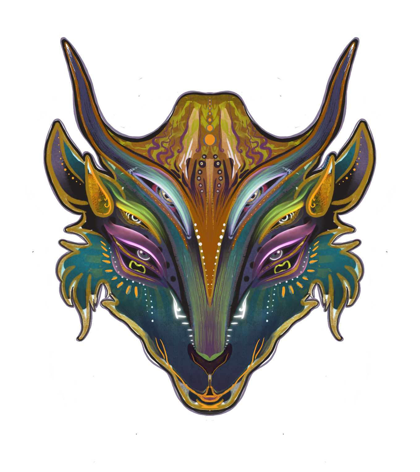 A colorful, tribal-style wolf head illustration with intricate patterns and vibrant colors including purple, green, yellow, and black.