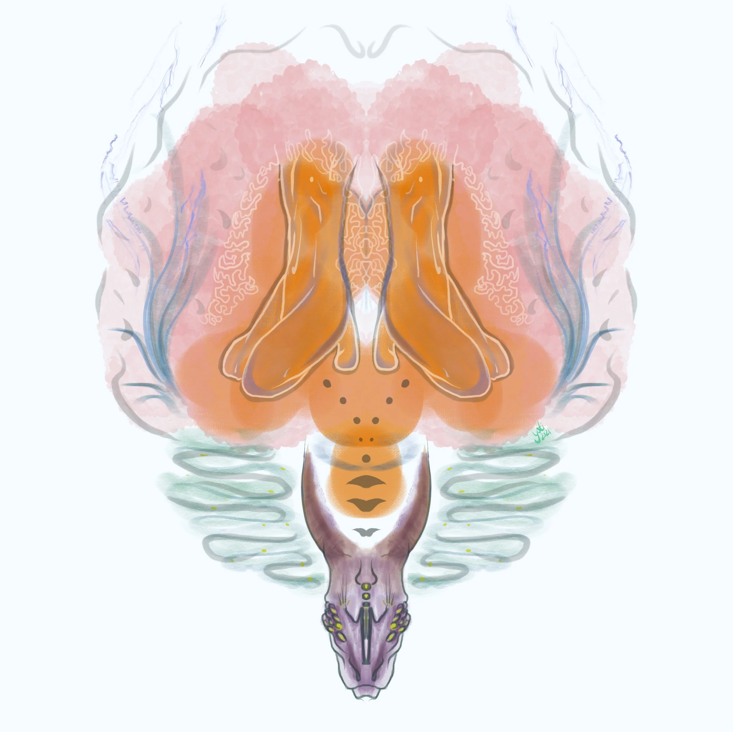 Symmetrical abstract artwork featuring a mirrored depiction of a wolf's head at the bottom, with flowing shapes and patterns resembling a brain and limbs in warm, earthy tones of brown, orange, and pink, surrounded by soft cloud-like elements and sub
