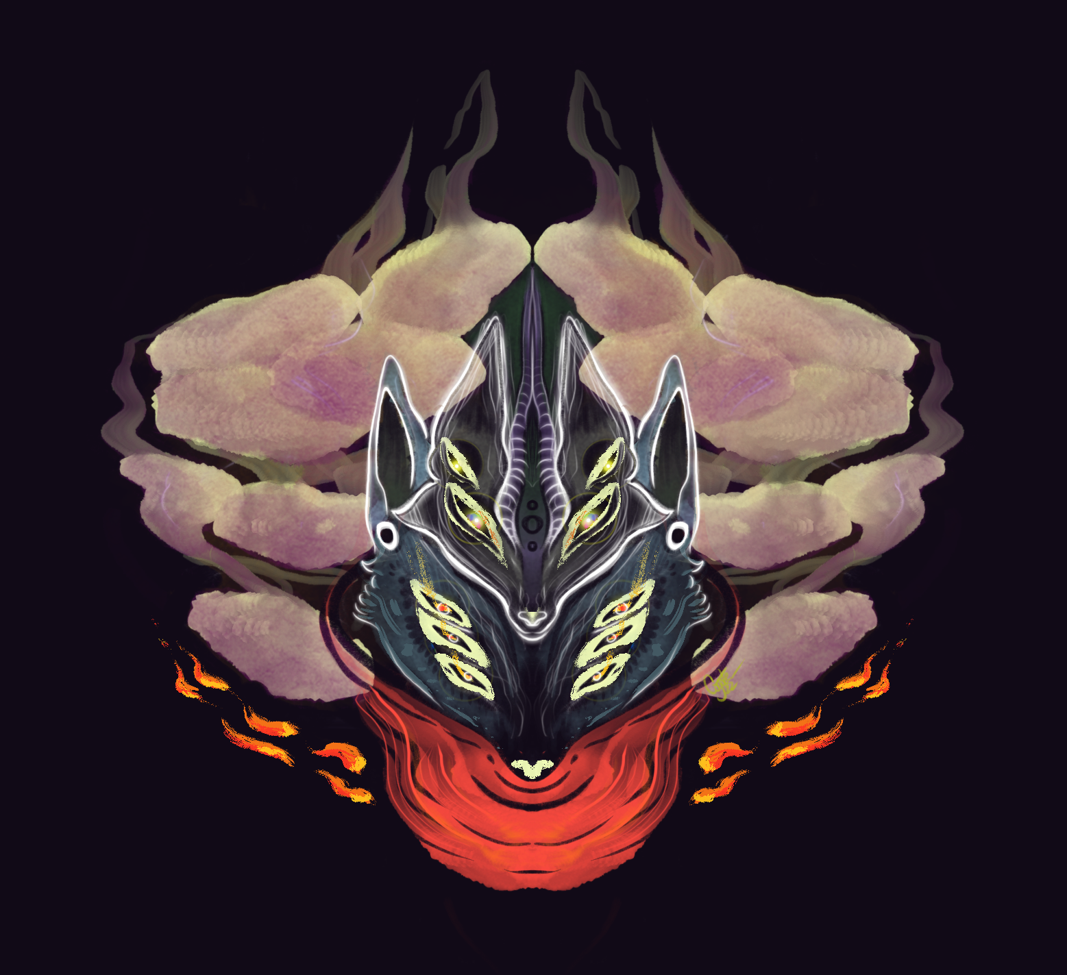Digital artwork of a symmetrical fox-like creature with glowing yellow eyes, surrounded by pink flower petals and fiery orange accents on a dark background.