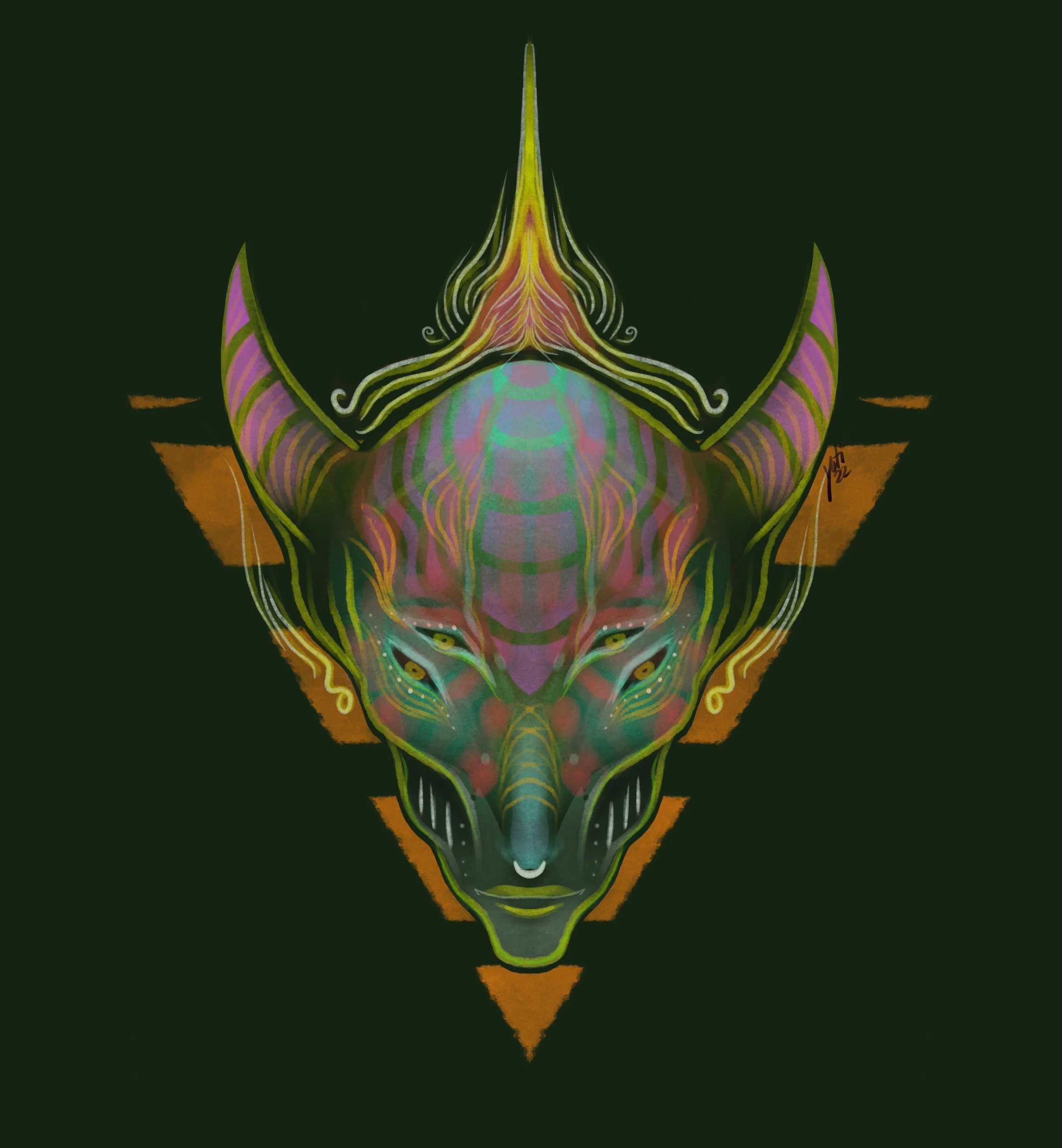 Digital illustration of a stylized wolf with intricate, colorful patterns, set against a dark background with an orange triangle behind its head.