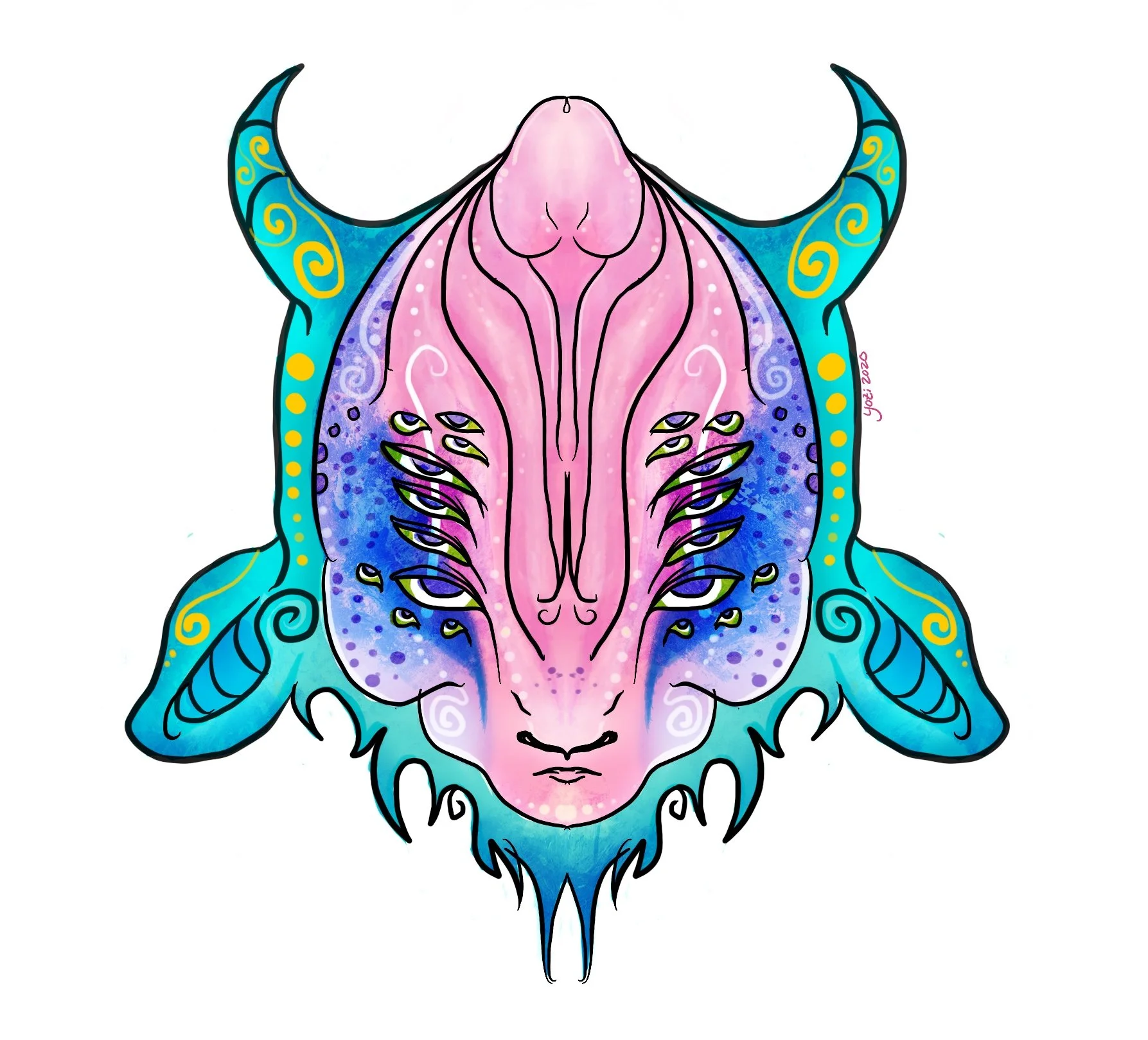 Colorful digital illustration of a mythical creature with insect and animal features, including prominent horns, intricate patterns, and vibrant blue, pink, and purple coloration.