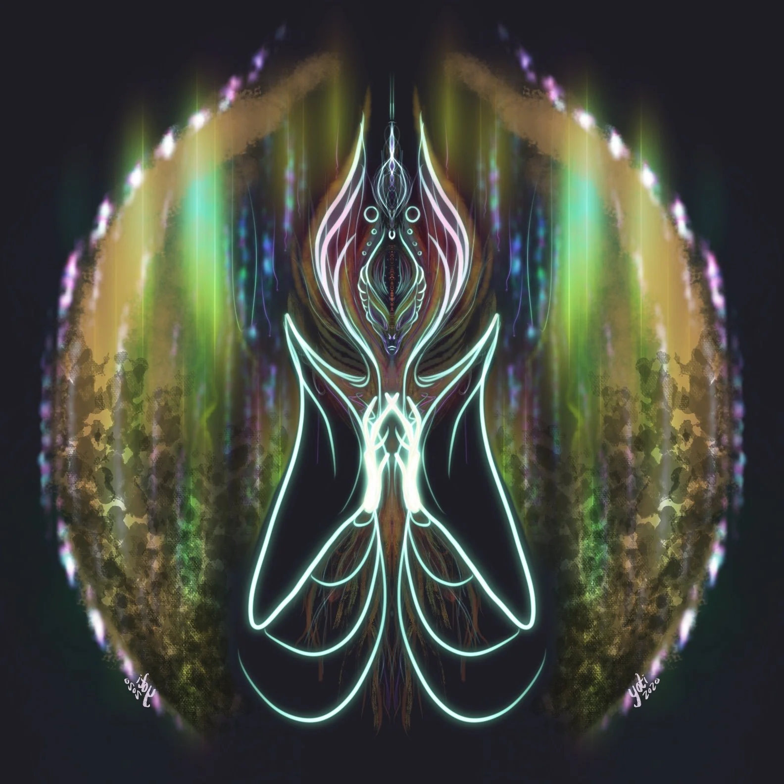 Abstract symmetrical digital art with glowing neon lines resembling a butterfly or moth, surrounded by vibrant colors and patterns.