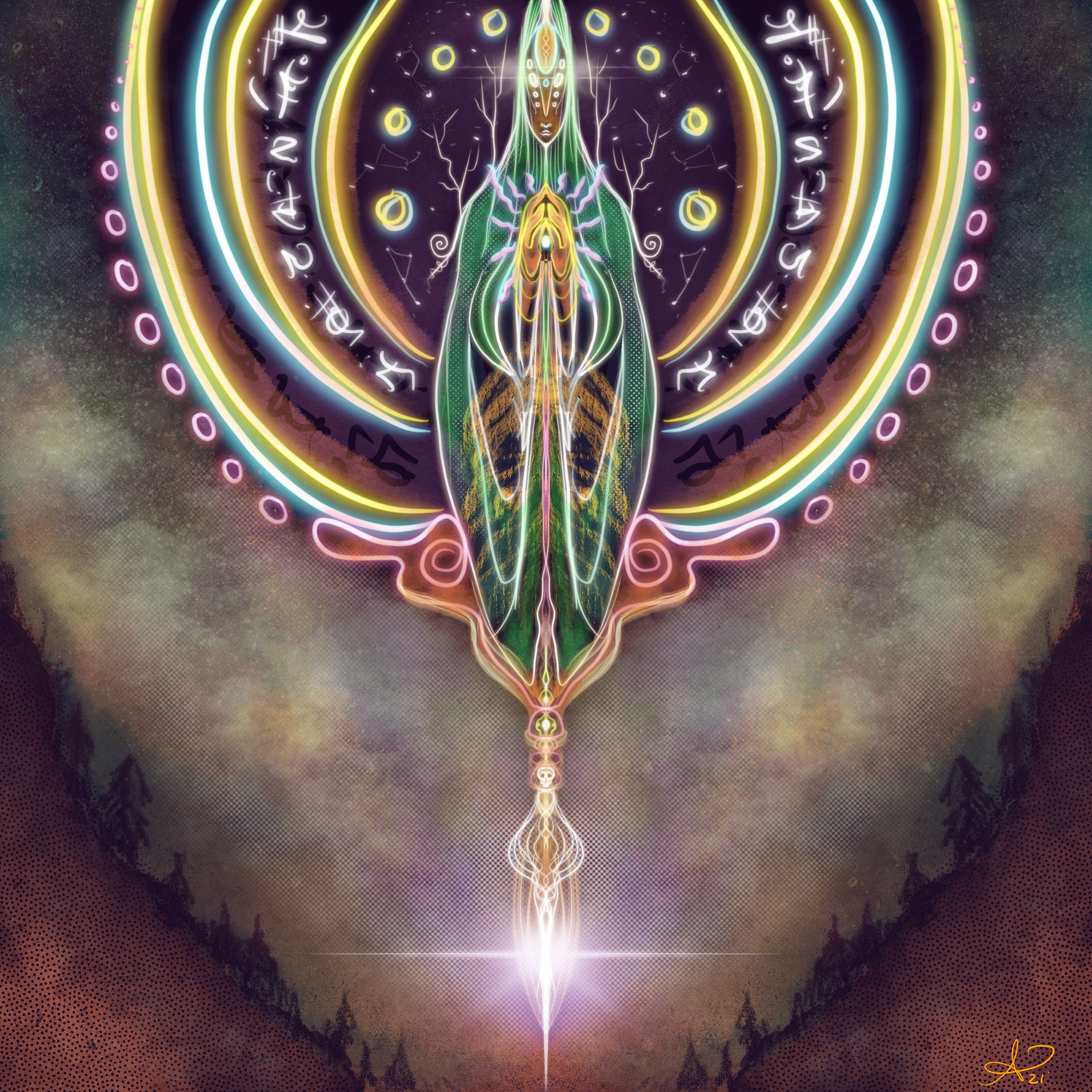 Colorful digital psychedelic artwork featuring a central figure resembling a moth or butterfly with intricate patterns, glowing neon circles, and abstract symbols in a cosmic background.