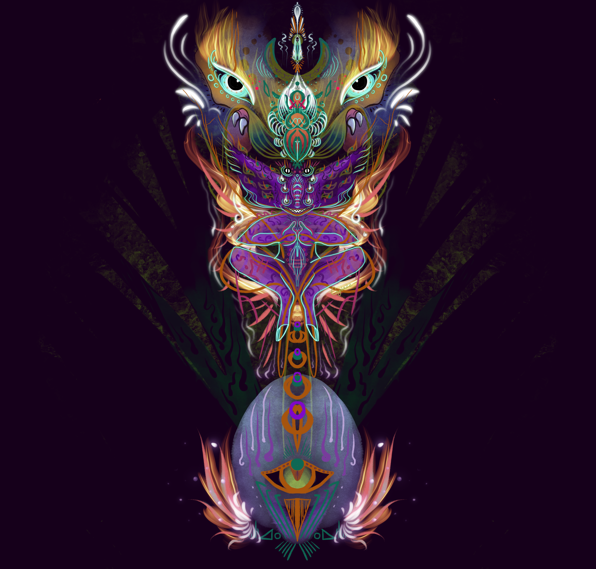 Symmetrical, colorful, abstract digital artwork featuring a mixture of animal and mystical elements with glowing lines and patterns on a dark background.