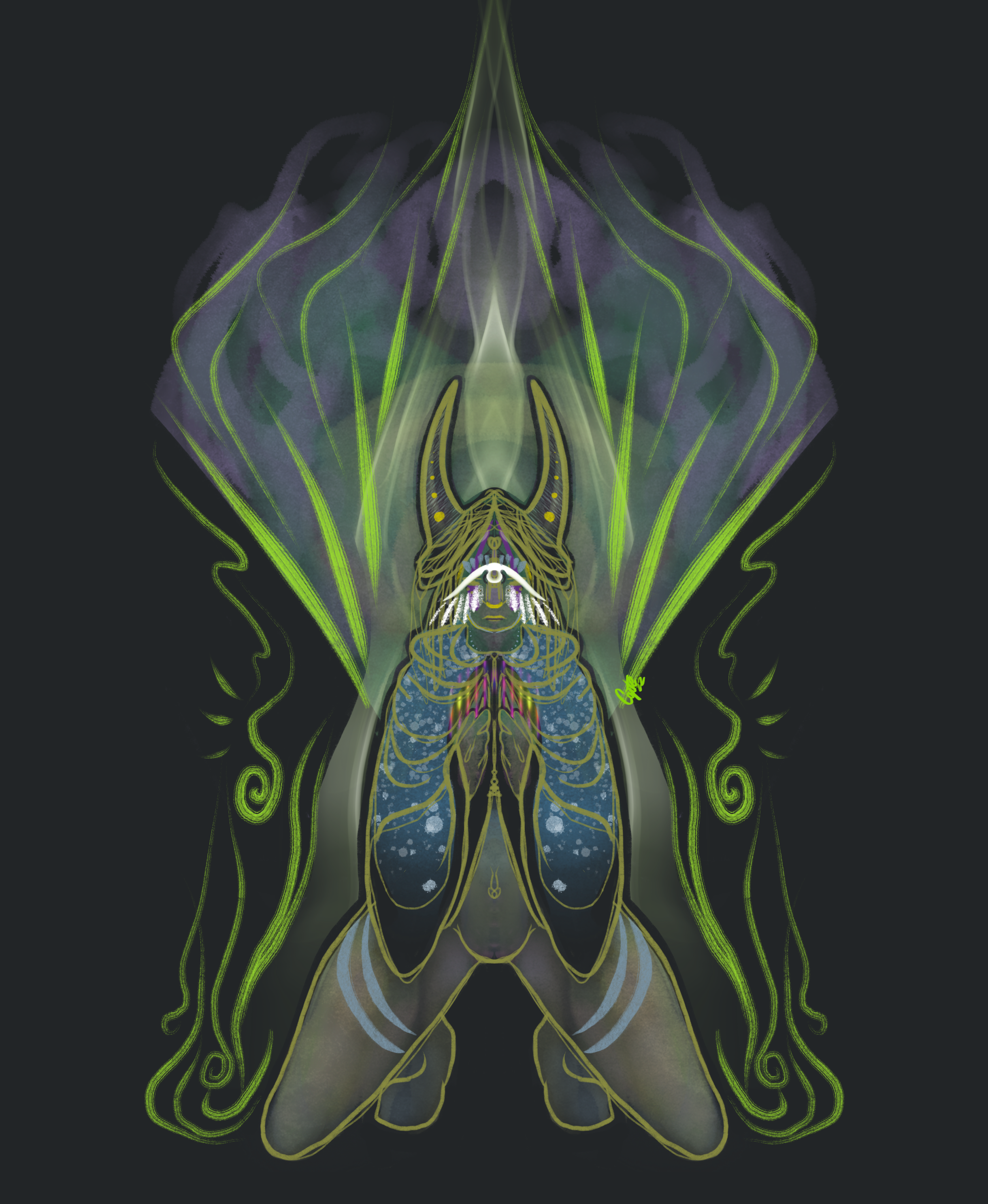 A digital artwork of a symmetrical insect-like creature with glowing green, purple, and blue accents against a dark background, featuring intricate patterns and abstract shapes.