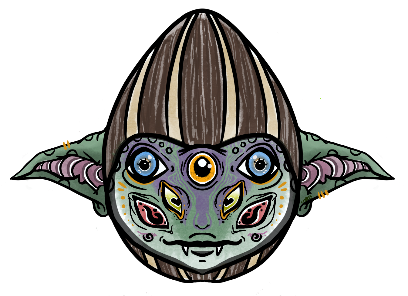 A colorful, stylized illustration of a fantasy creature with a large, round face, multiple eyes, horns, and a third eye on its forehead. The creature has wings and fur, with a detailed, vibrant design.