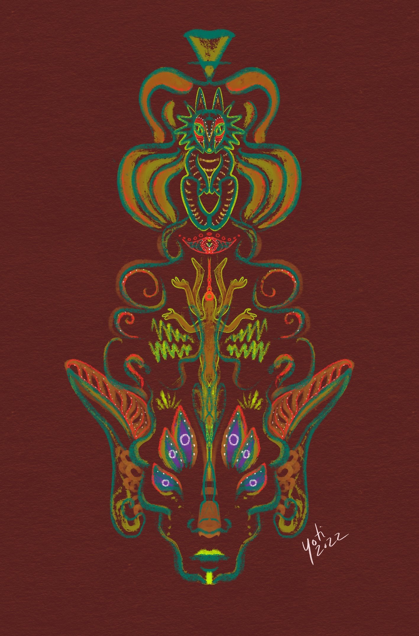 Colorful abstract illustration of a symmetrical face with animal features, including horns, a wolf-like face, and a butterfly-like face, with intricate patterns and shapes.