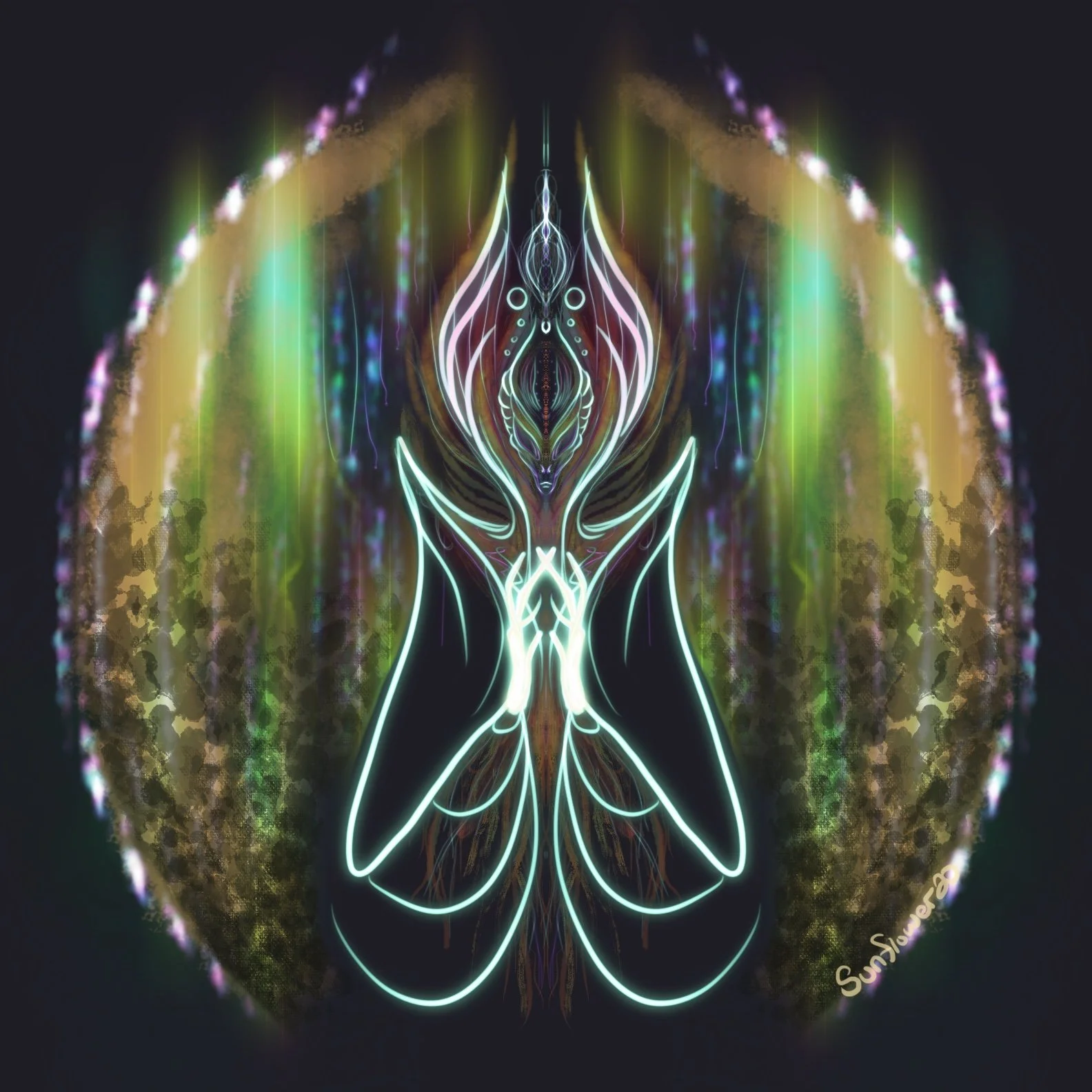 Abstract symmetrical glowing neon design resembling a butterfly or moth with intricate patterns in pink, purple, green, and white, set against a dark background.