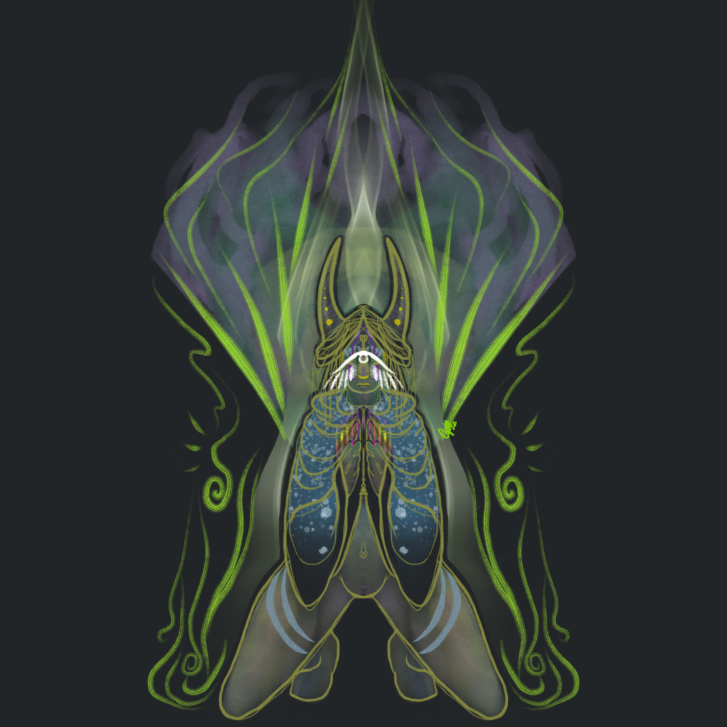 A symmetrical digital illustration of a praying mantis with a mix of insect, mythical, and cosmic elements, featuring vibrant green, purple, and blue colors on a dark background.