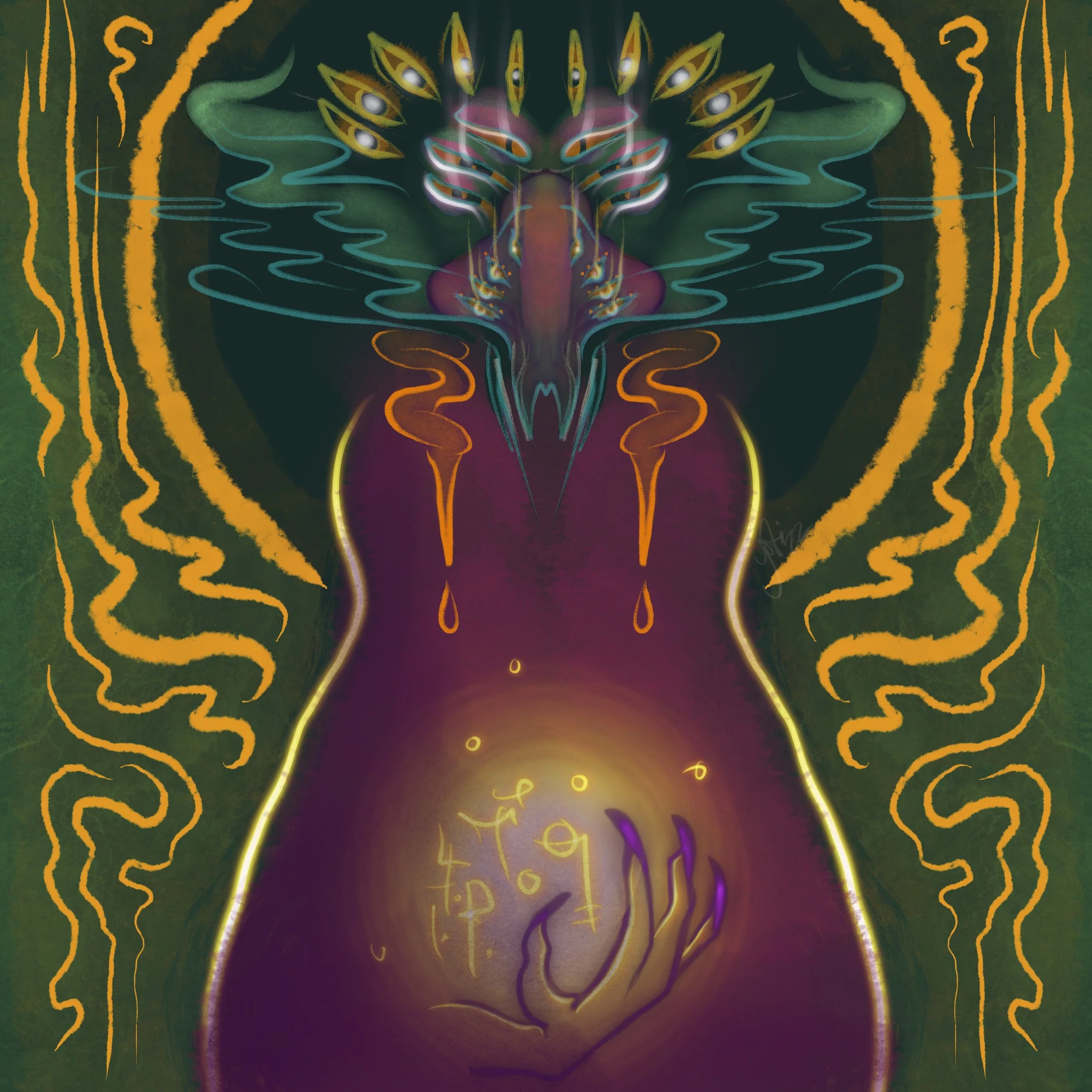 A fantasy-themed digital artwork depicting a mystical figure with a dragon or demon-like face, glowing eyes, and mystical symbols. The figure holds a glowing orb, surrounded by vibrant, swirling colors and intricate patterns.