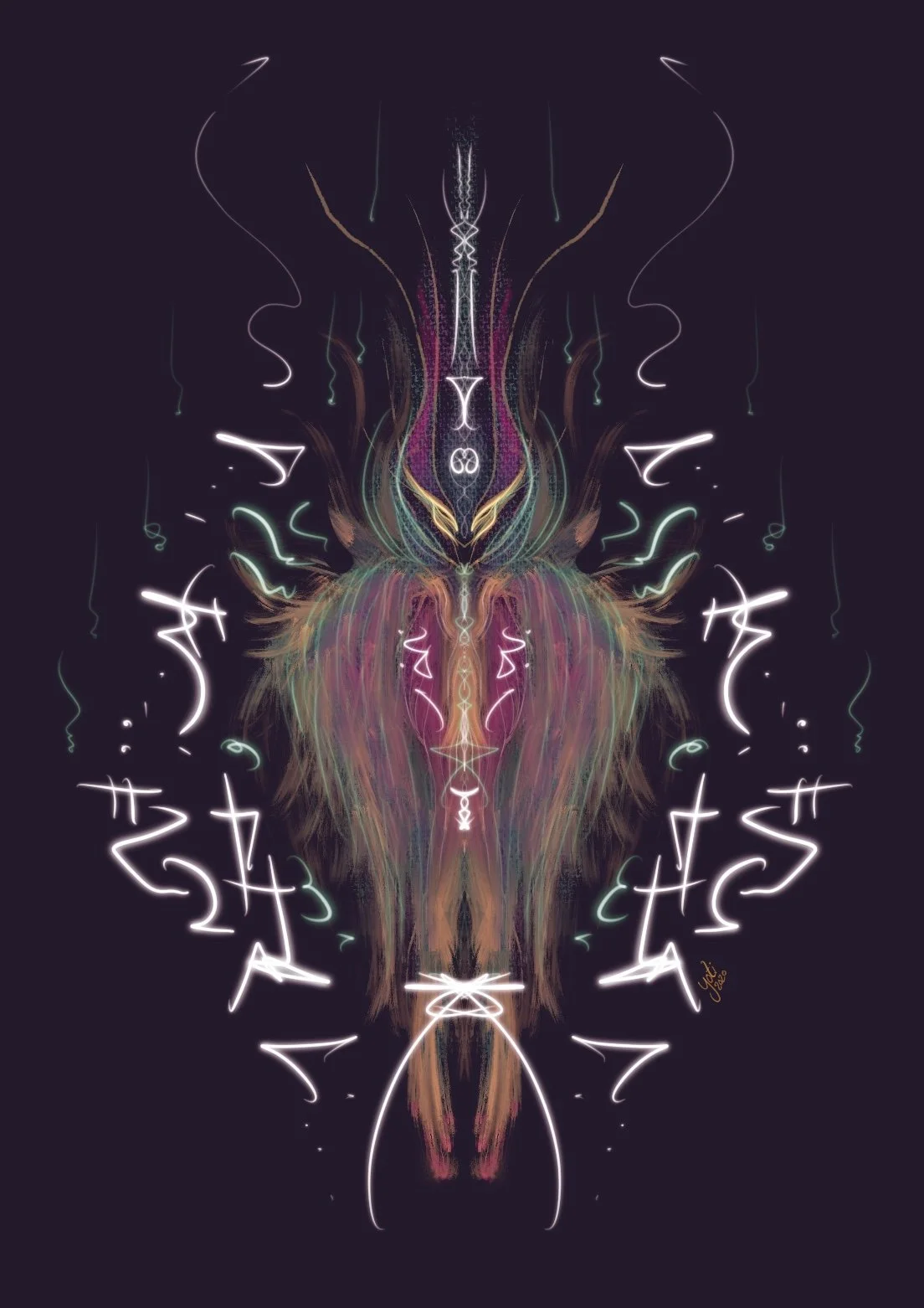Digital abstract artwork resembling a symmetrical, butterfly-like figure with colorful wisps and neon-like lines on a dark background.