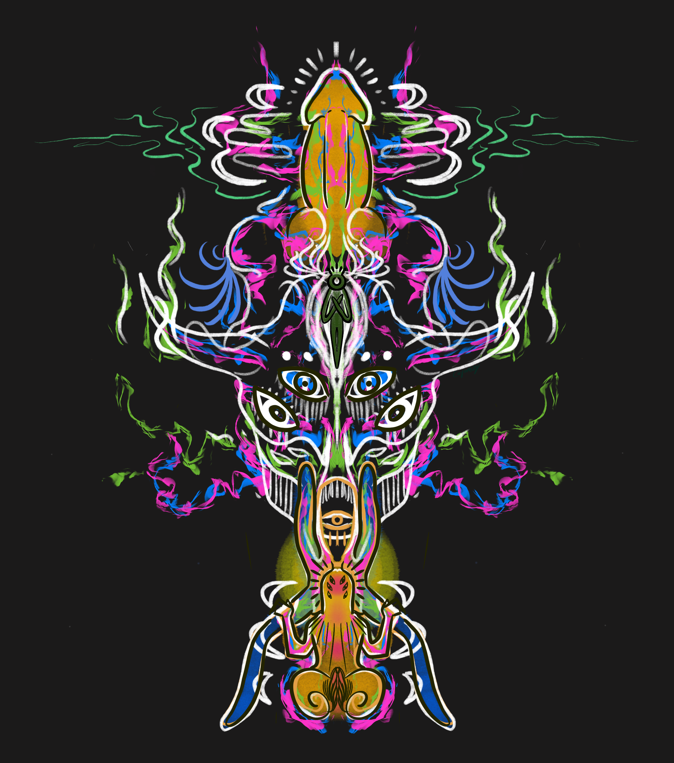 Symmetrical, colorful neon-style illustration of an abstract creature on a black background, with various eyes, insect-like features, and intricate patterns.