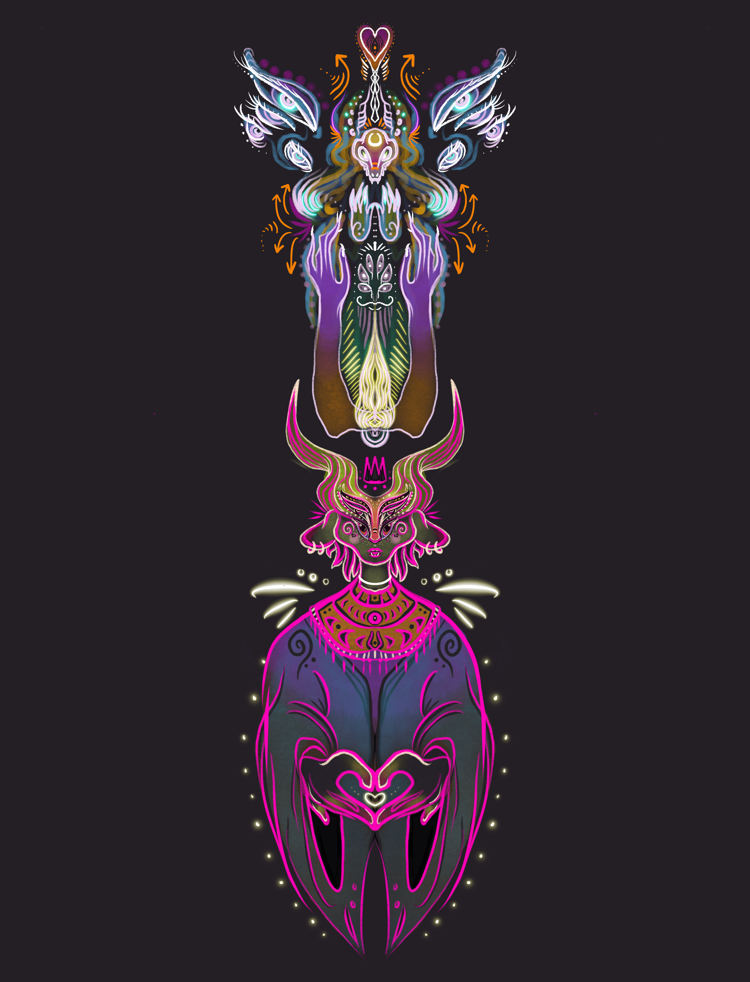 Neon-style illustration of a mystical creature with a deer head, dragon features, and a woman with antlers, glowing in various colors against a dark background.