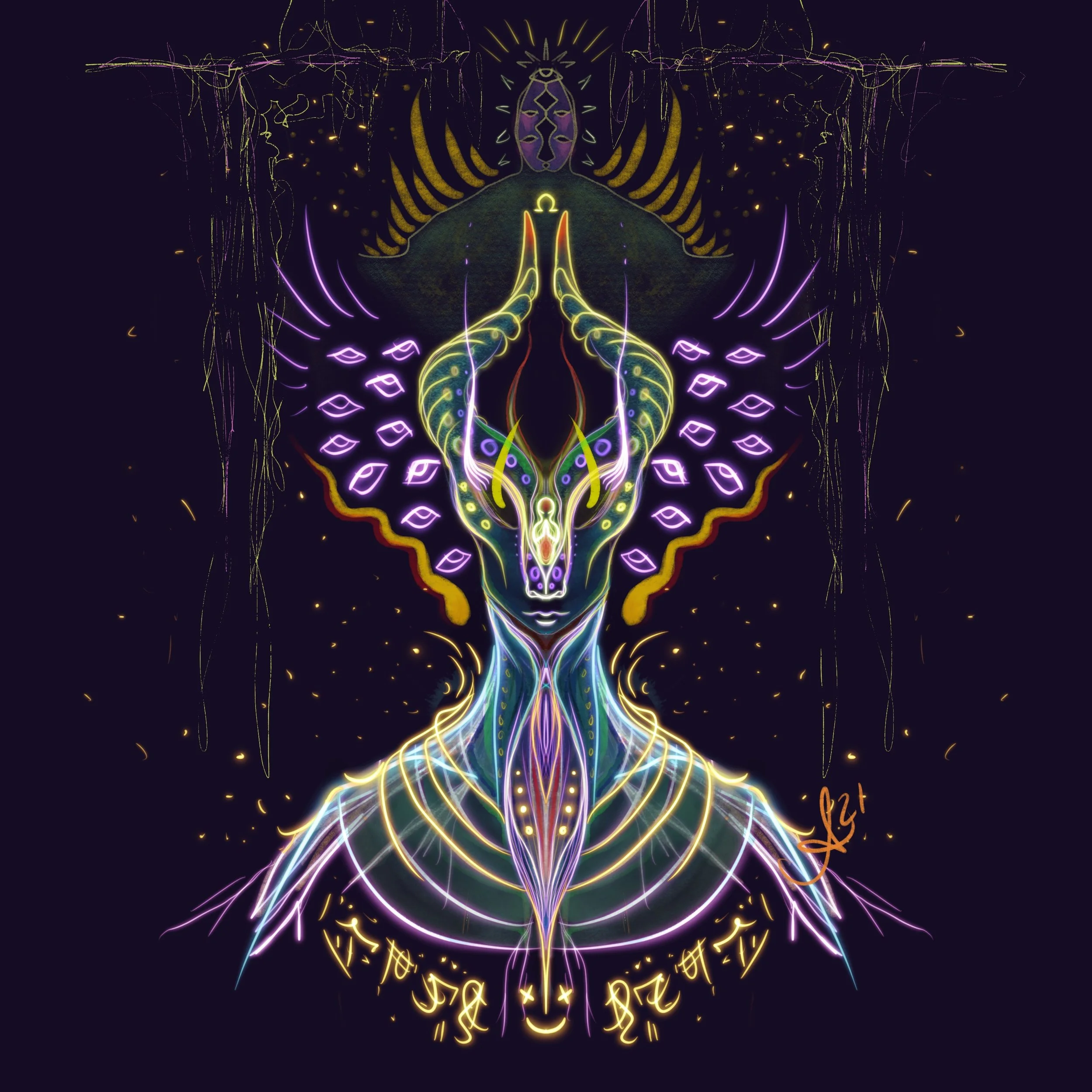 A neon-style digital artwork of a mystical figure with butterfly and antler-like features, horns, and intricate glowing patterns, set against a dark background with abstract light accents.