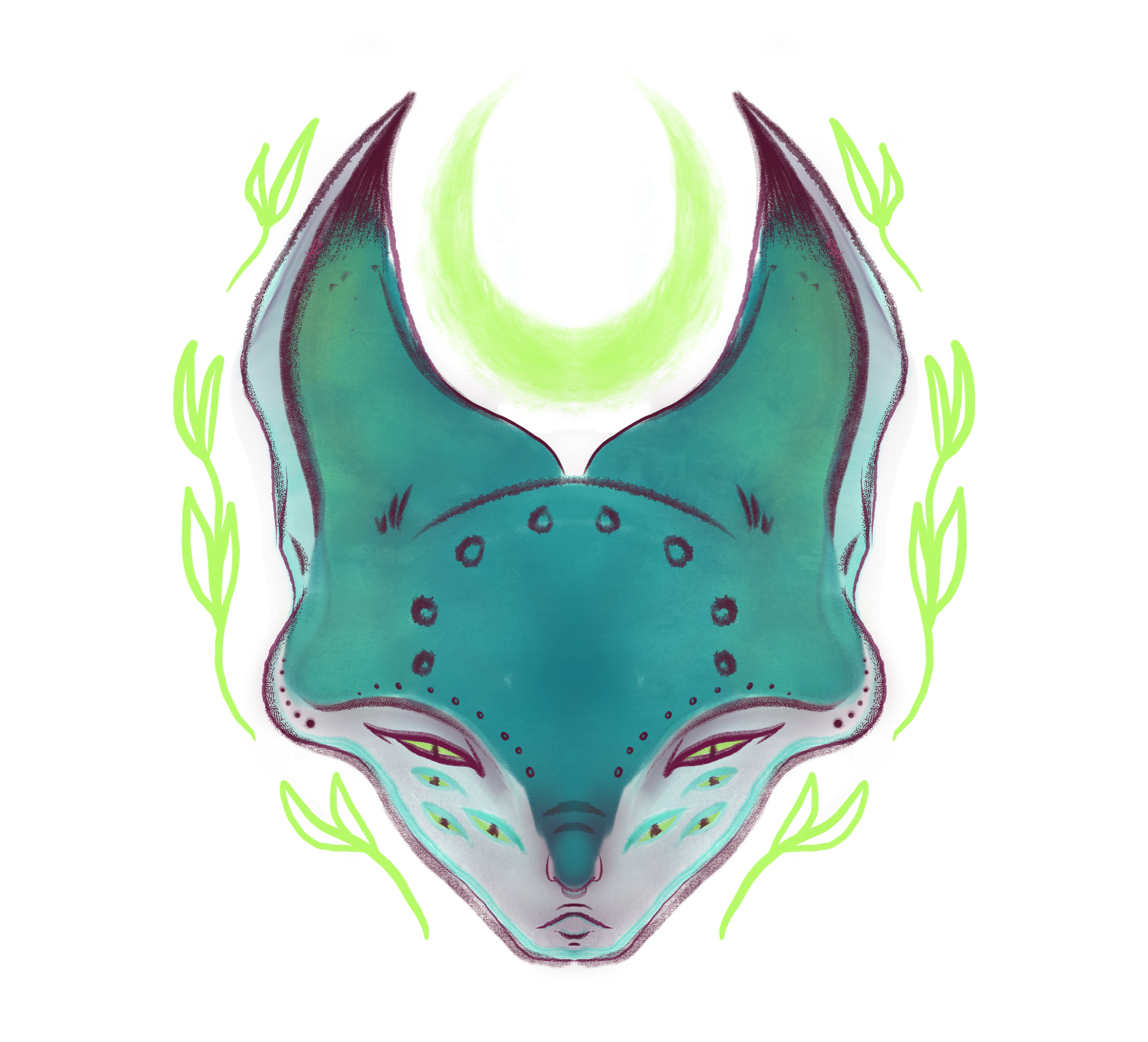 A digital illustration of a stylized fox face with turquoise and white fur, adorned with patterns, surrounded by a glowing green laurel-like border, and set against a black background.