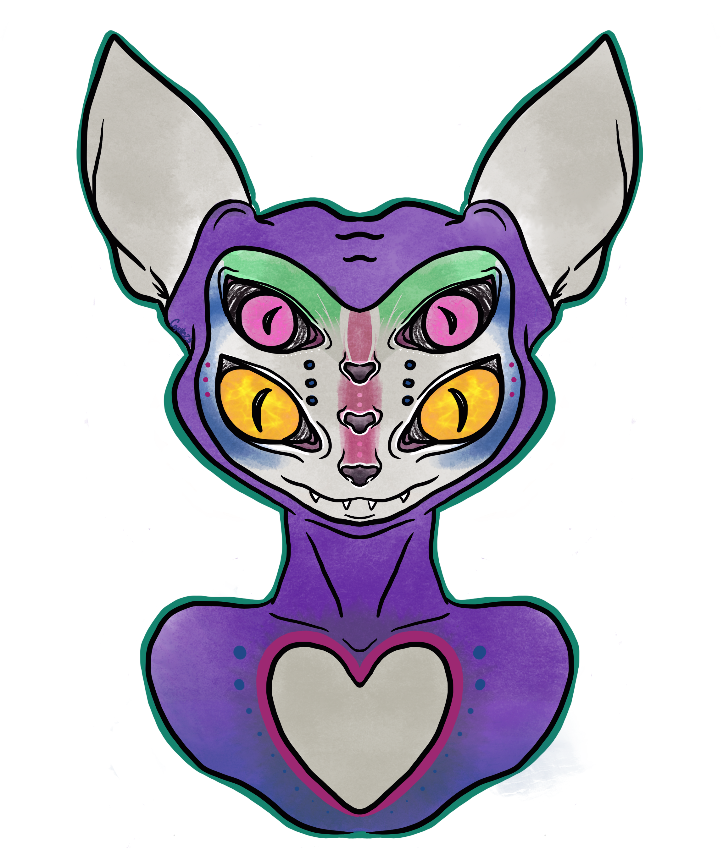 A colorful, stylized illustration of a cat with exaggerated features, rainbow-like colors, large eyes, and a heart on its chest.