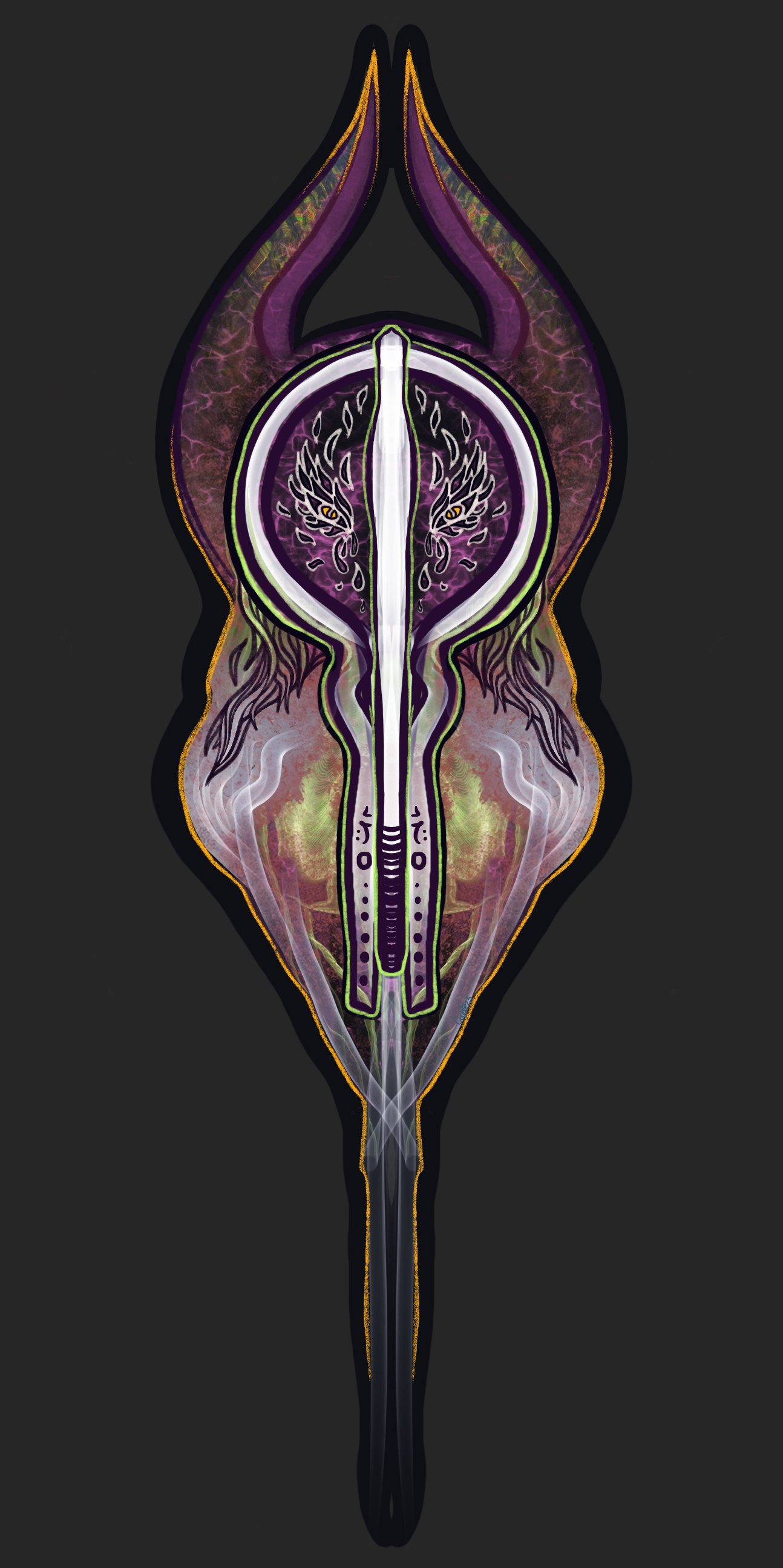A digital illustration of a futuristic, stylized dagger with glowing, intricate details against a black background.
