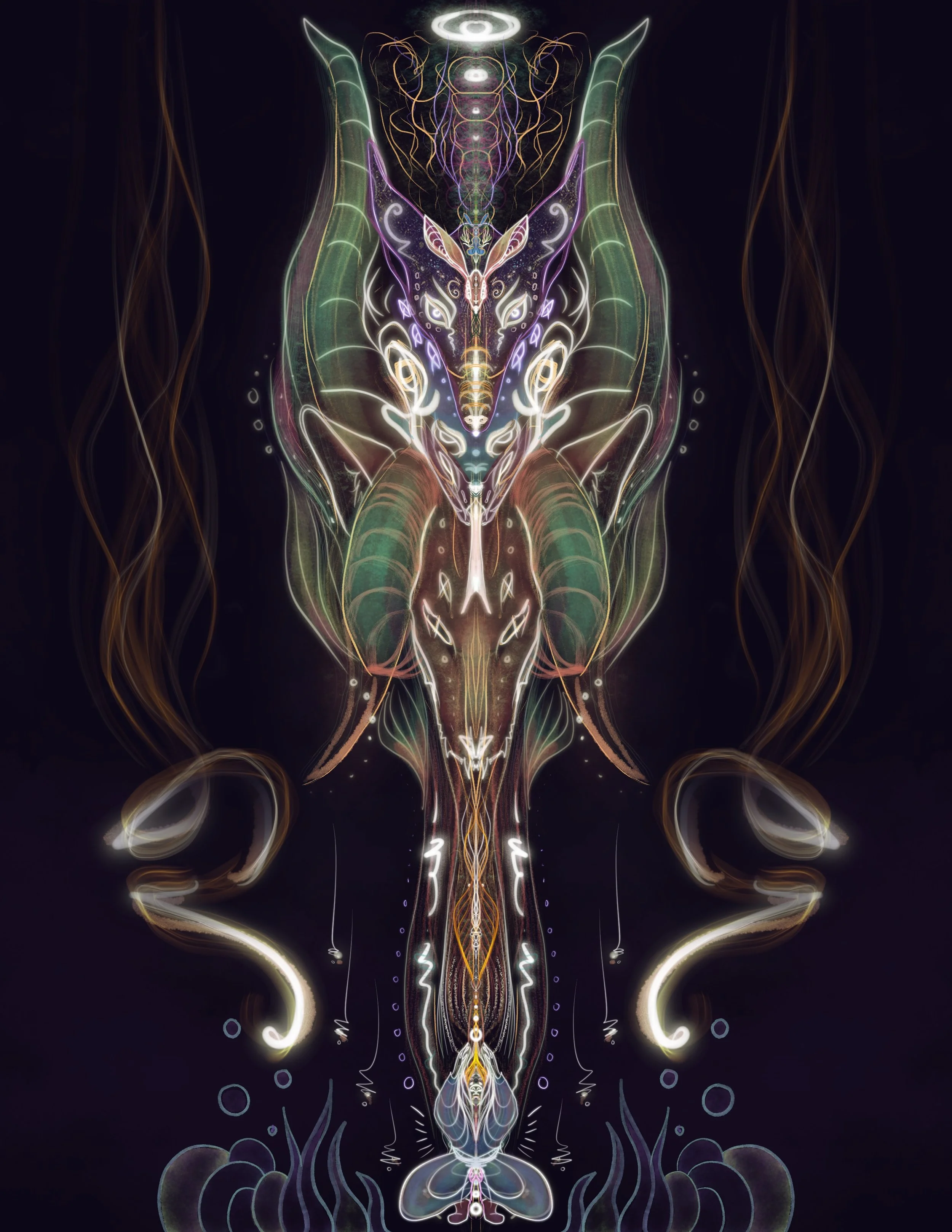 A symmetrical, neon-colored abstract artwork resembling a mythical creature with intricate details and glowing elements against a black background.