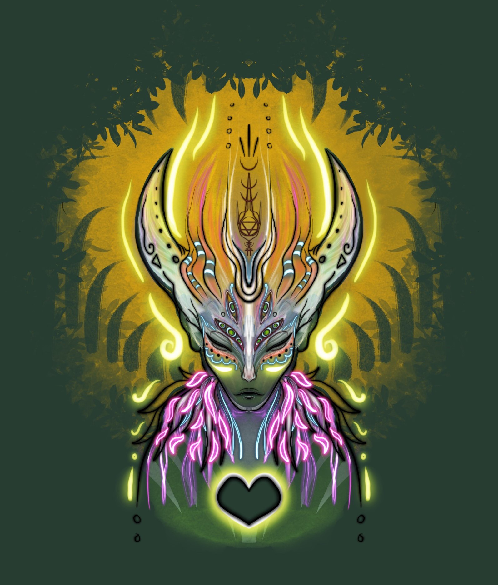 A vibrant, neon-colored fantasy art of a mystical creature or deity with horns, intricate markings, and glowing accents, set against a dark, forest-like background with trees and foliage.