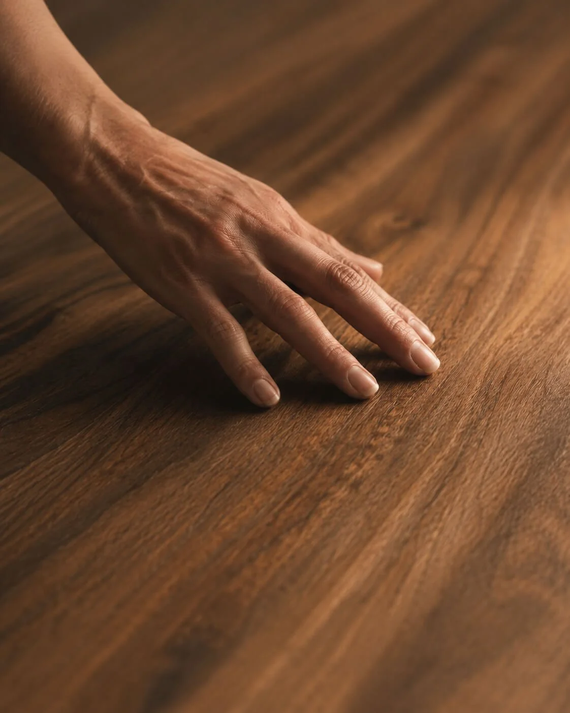Close-up of a person's hand resting on a wooden surface.