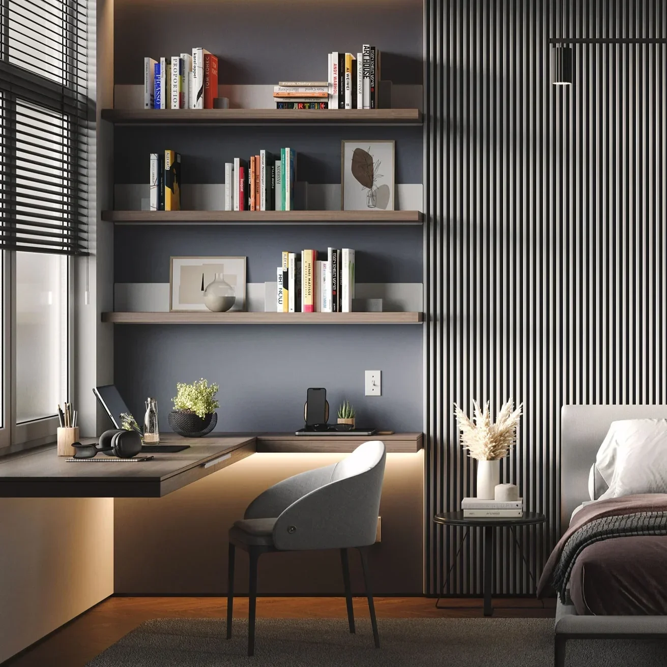 Modern bedroom with a workspace, black and gray walls, wooden shelves filled with books, a desk with a laptop, headphones, a water bottle, plants, and decorative items, next to a bed with a nightstand and vase of dried flowers.