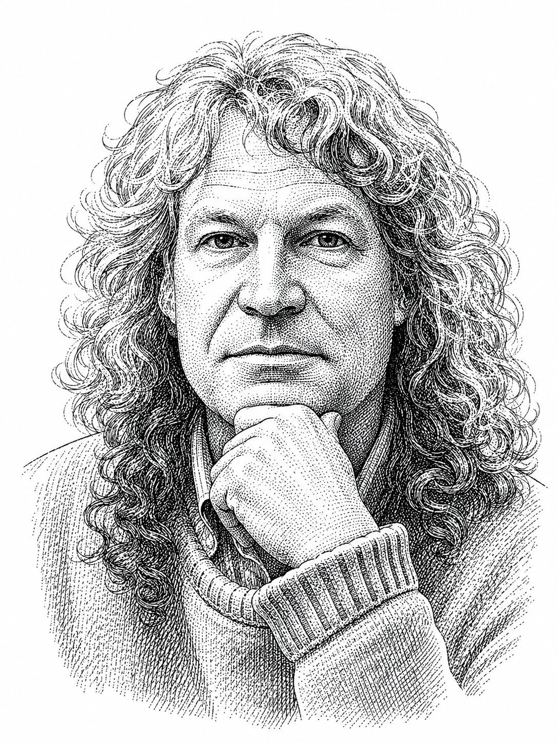 Drawing of a man with long curly hair, wearing a sweater, resting his chin on his hand.