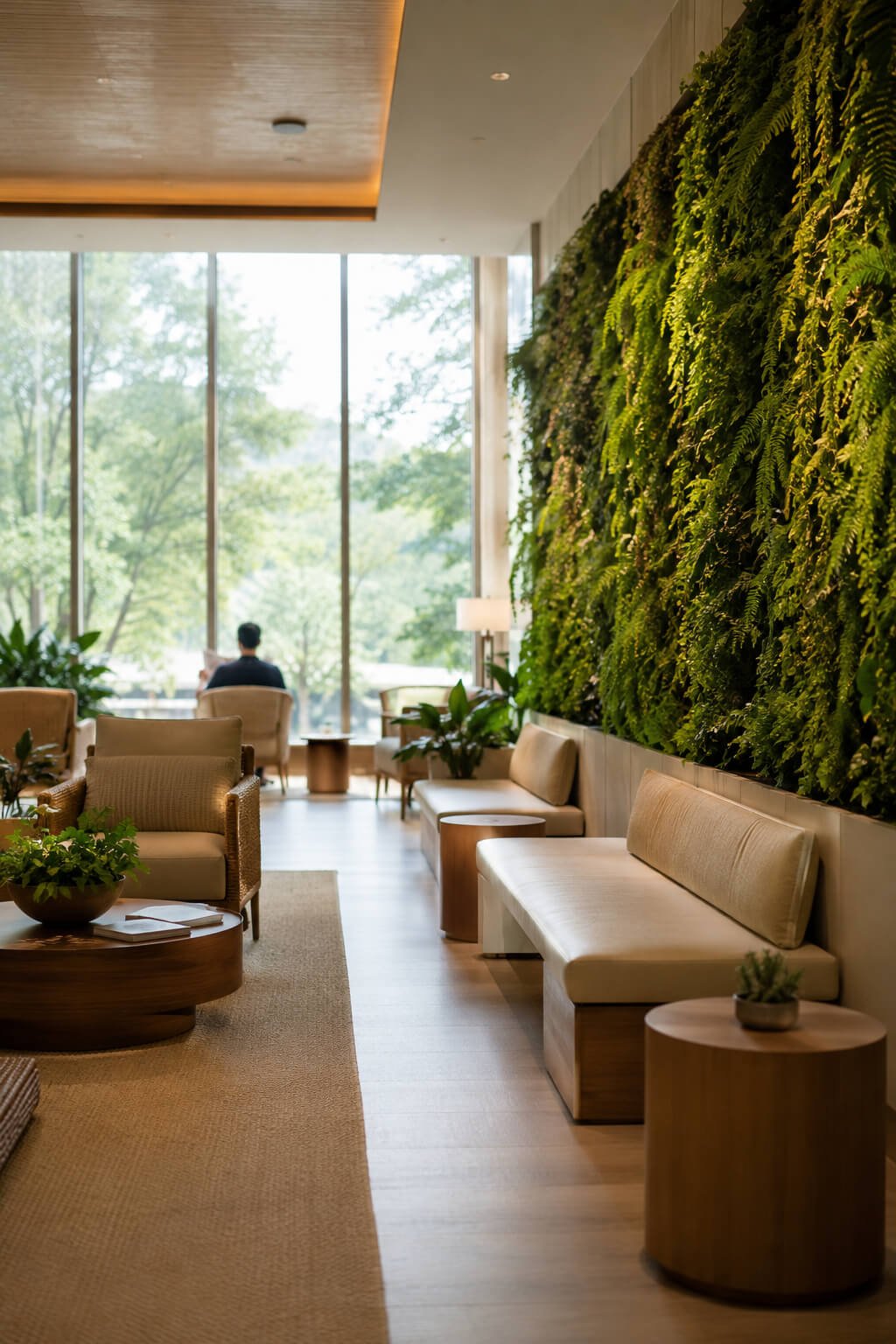 Modern hotel lobby with large glass windows, green vertical garden wall, seating area with beige benches and armchairs, coffee tables, and plants.