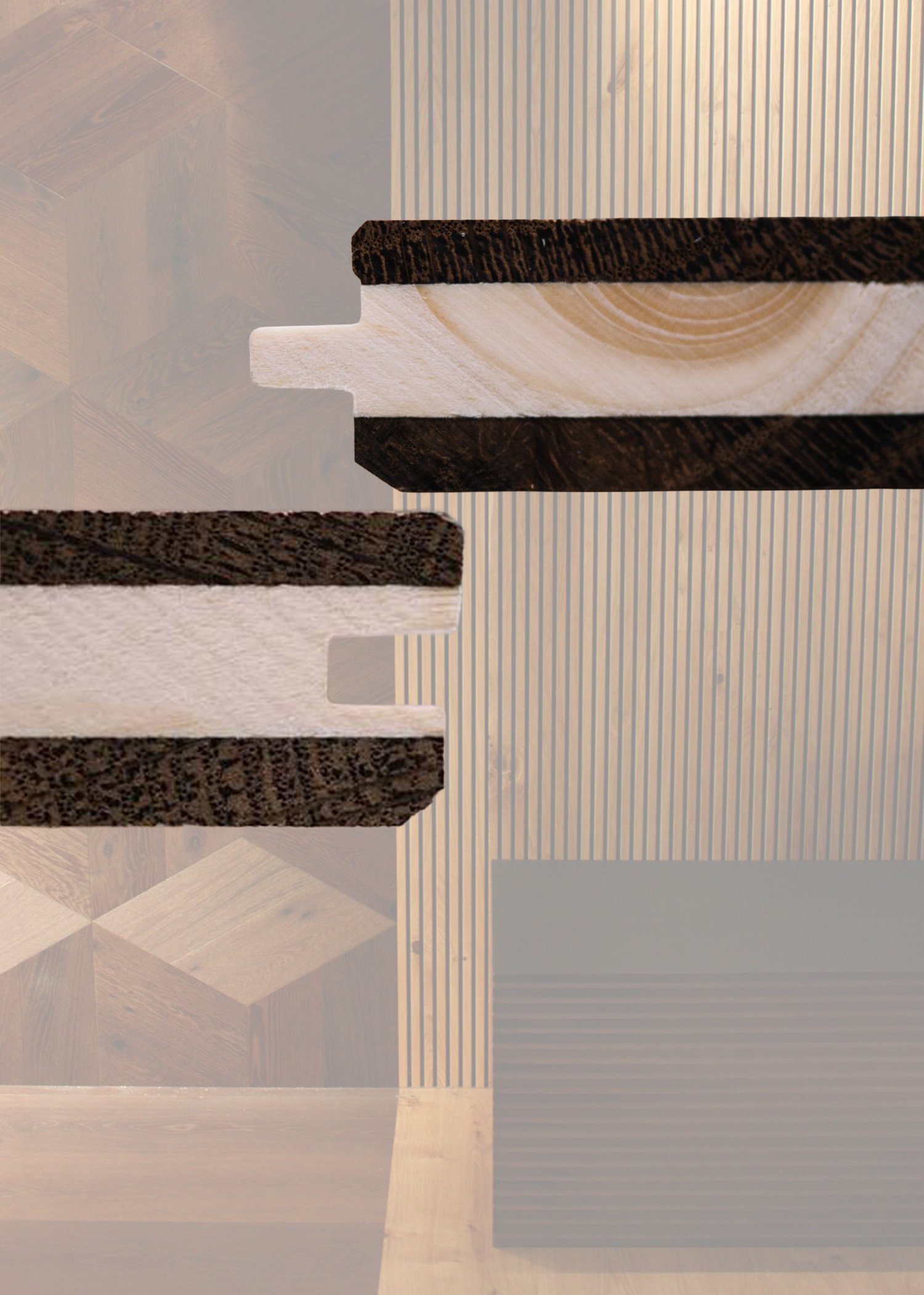 Close-up of a wooden object with intricate dark and light wood grain patterns, placed on a surface with vertical striped pattern.