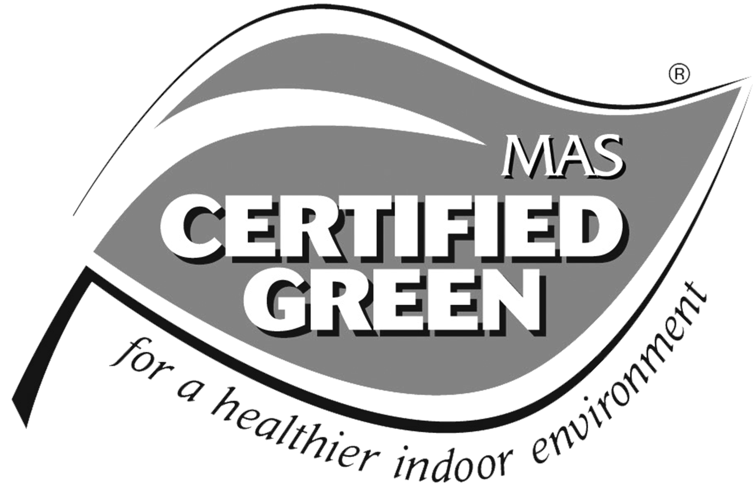 Close-up of a MAS CERTIFIED GREEN sticker with additional text about indoor and outdoor use.
