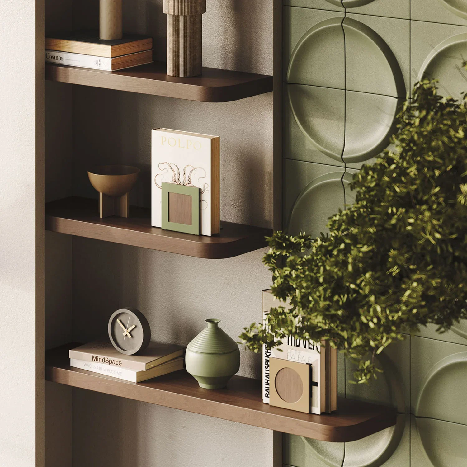 A wooden bookshelf with decorative items including books, a clock, vases, and a small plant, with a tiled green wall on the right side and a potted plant in the foreground.
