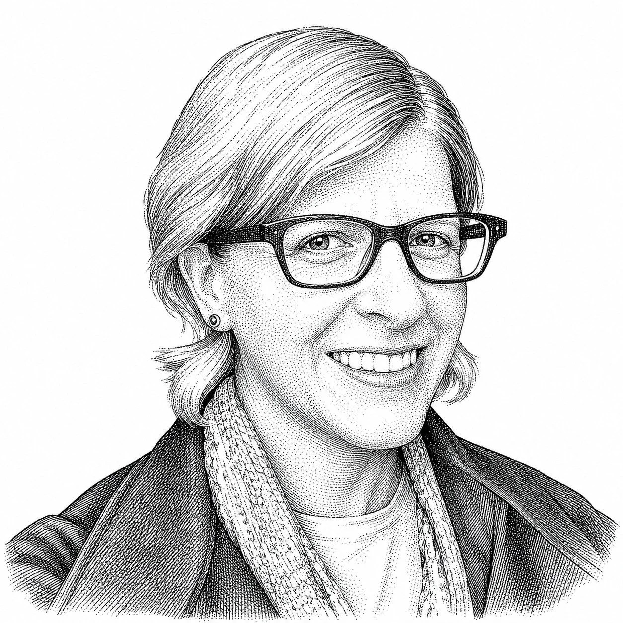 Line drawing of a woman with short hair, glasses, earrings, smiling, wearing a scarf and a blazer.